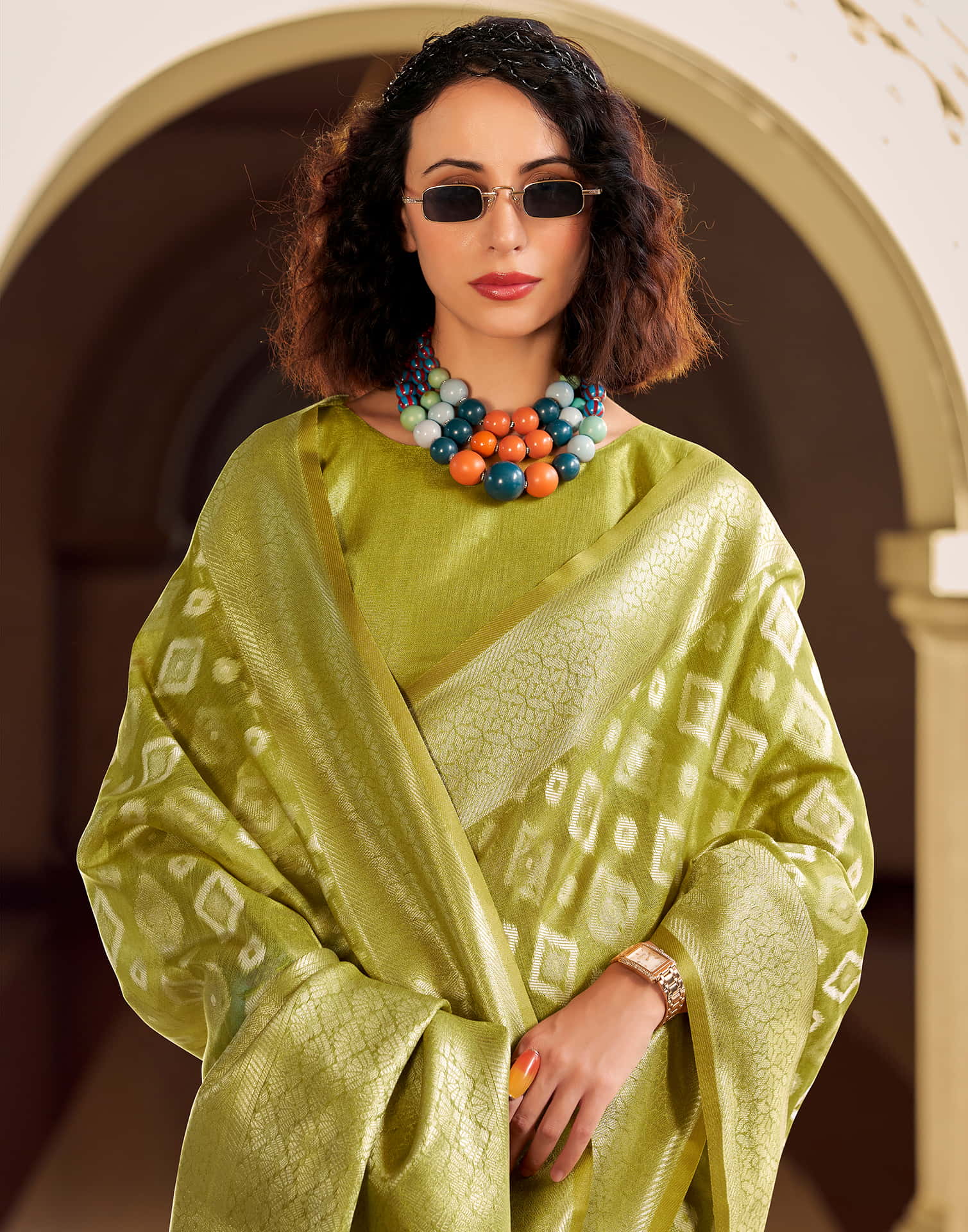 Light Olive Green Tissue Silk Woven Saree