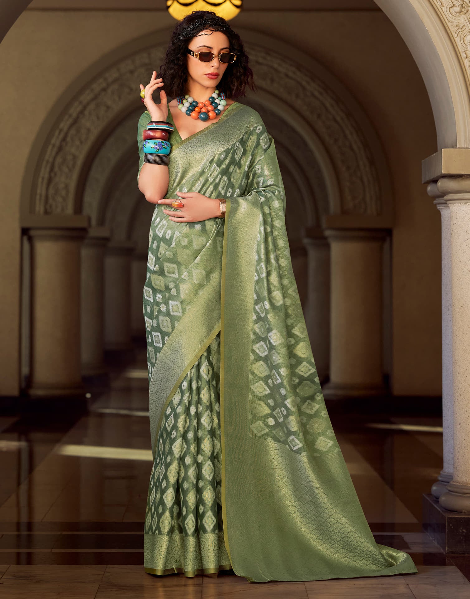 Dusty Green Tissue Silk Woven Saree