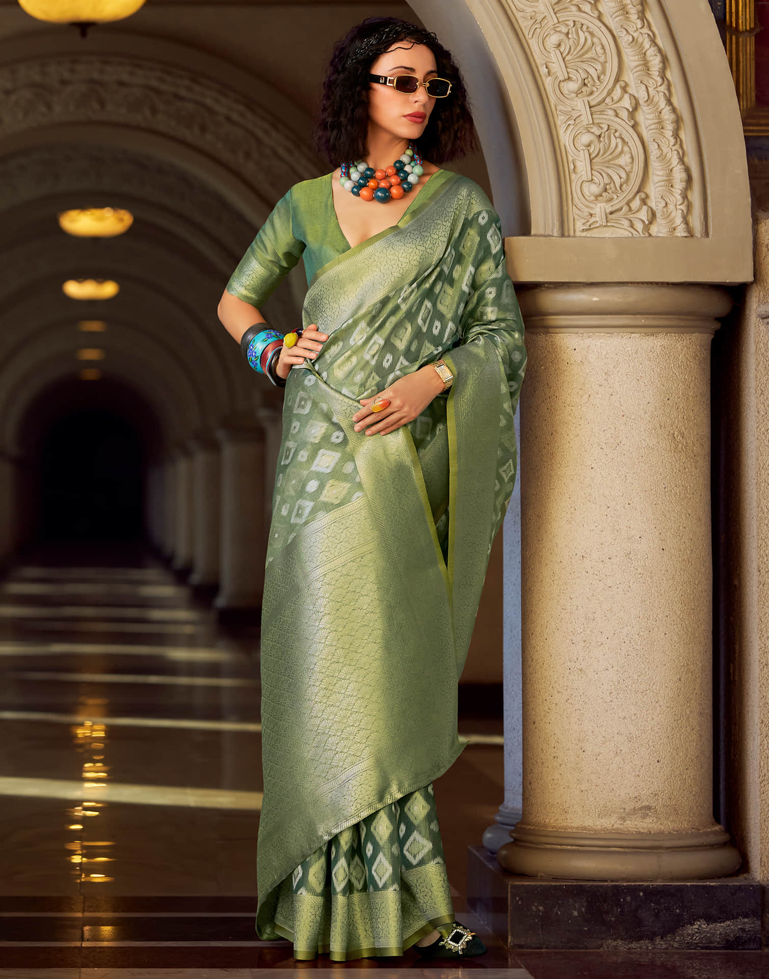 Dusty Green Tissue Silk Woven Saree