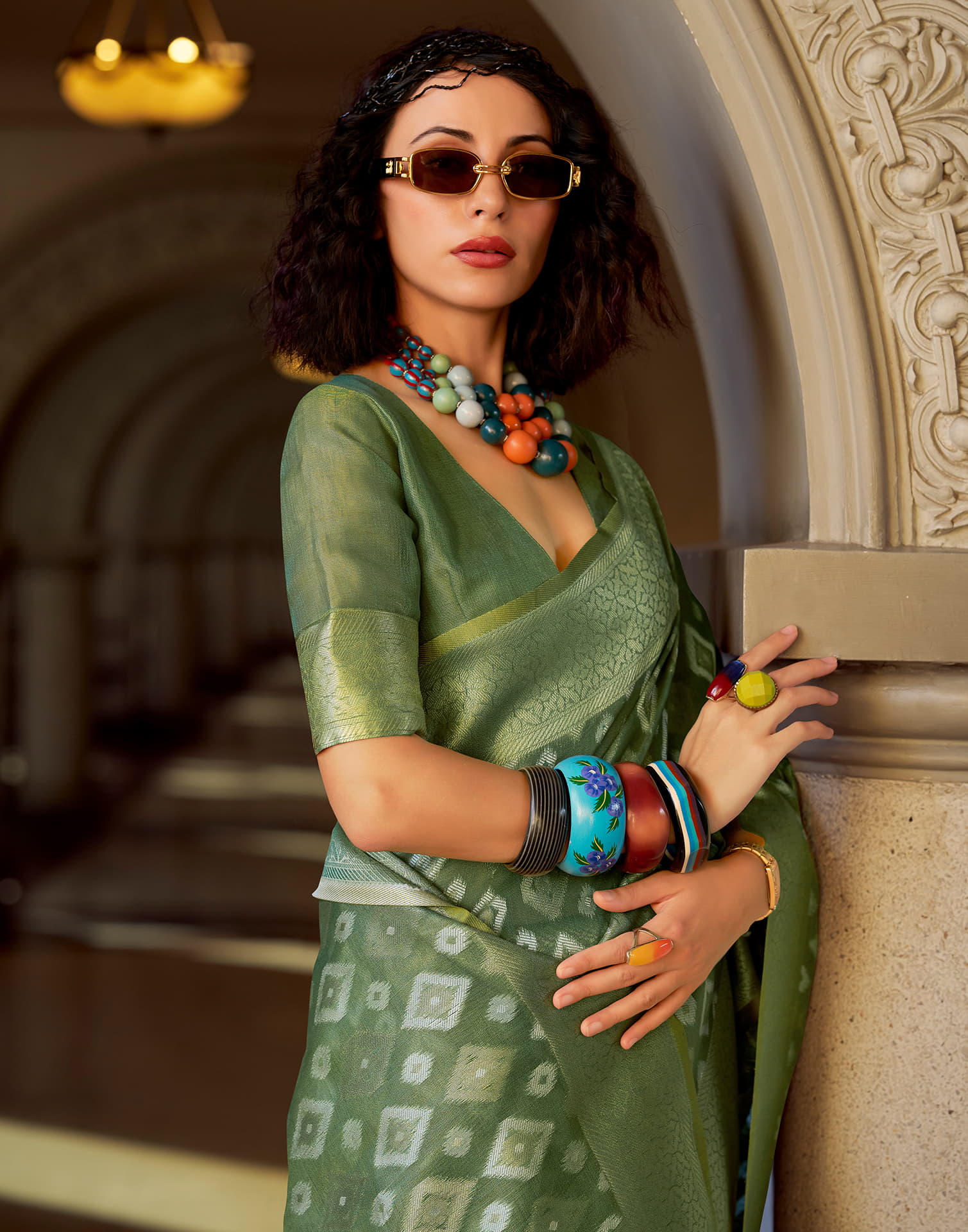 Dusty Green Tissue Silk Woven Saree