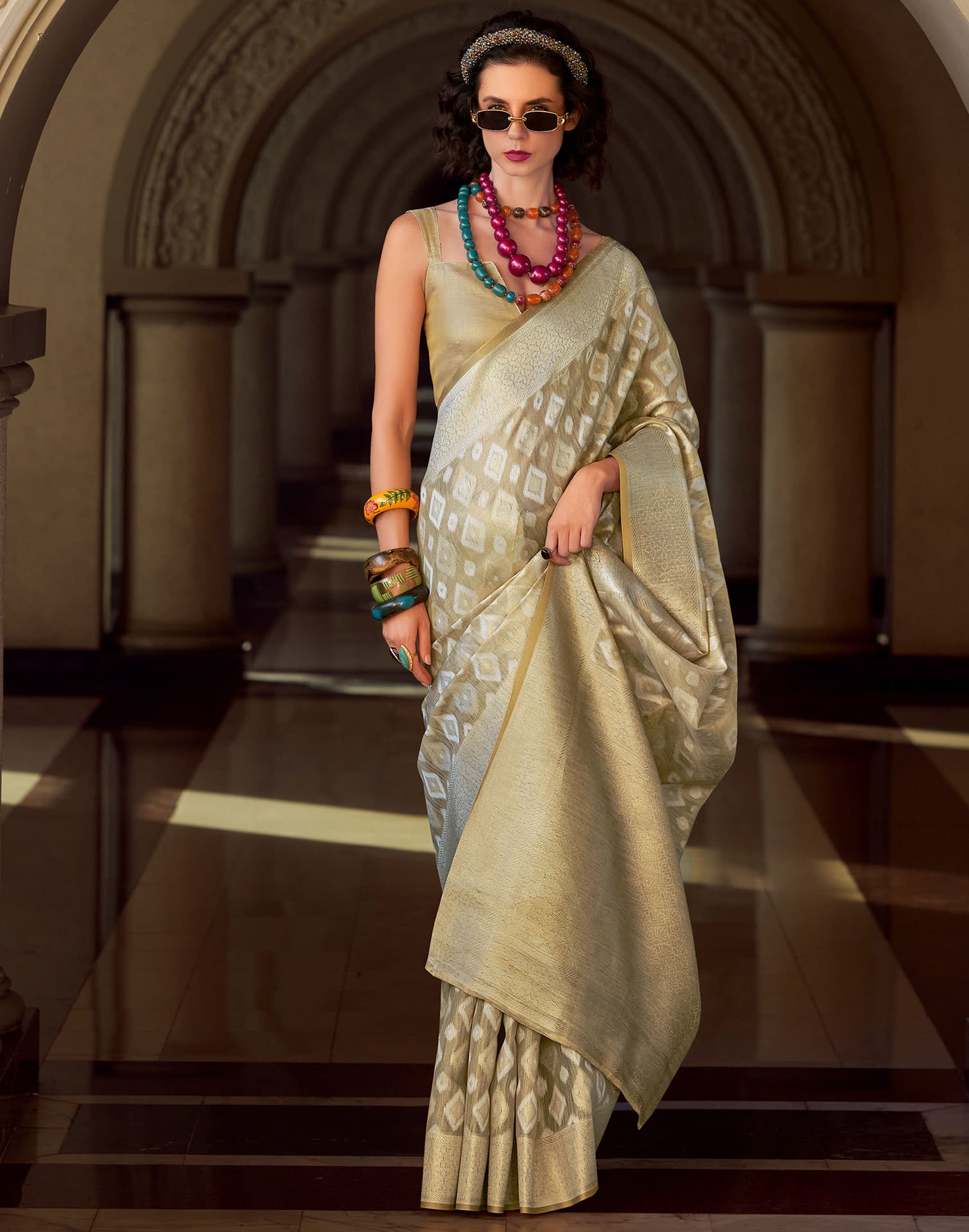 Beige Tissue Silk Woven Saree