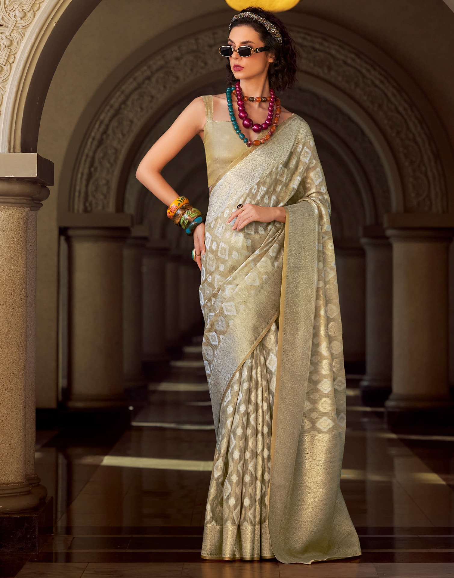 Beige Tissue Silk Woven Saree