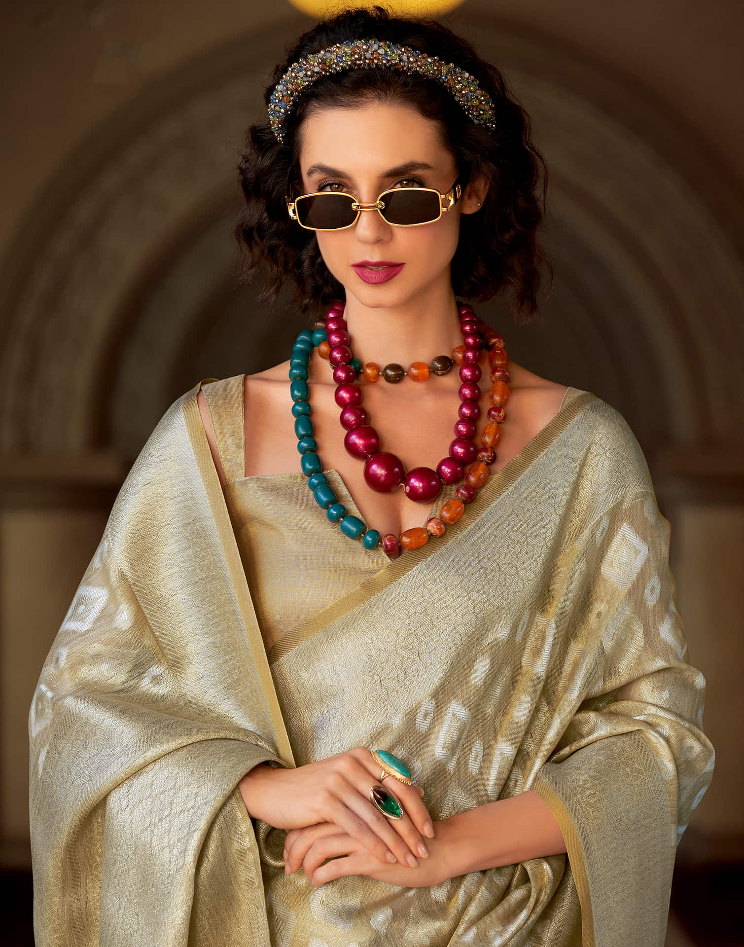 Beige Tissue Silk Woven Saree