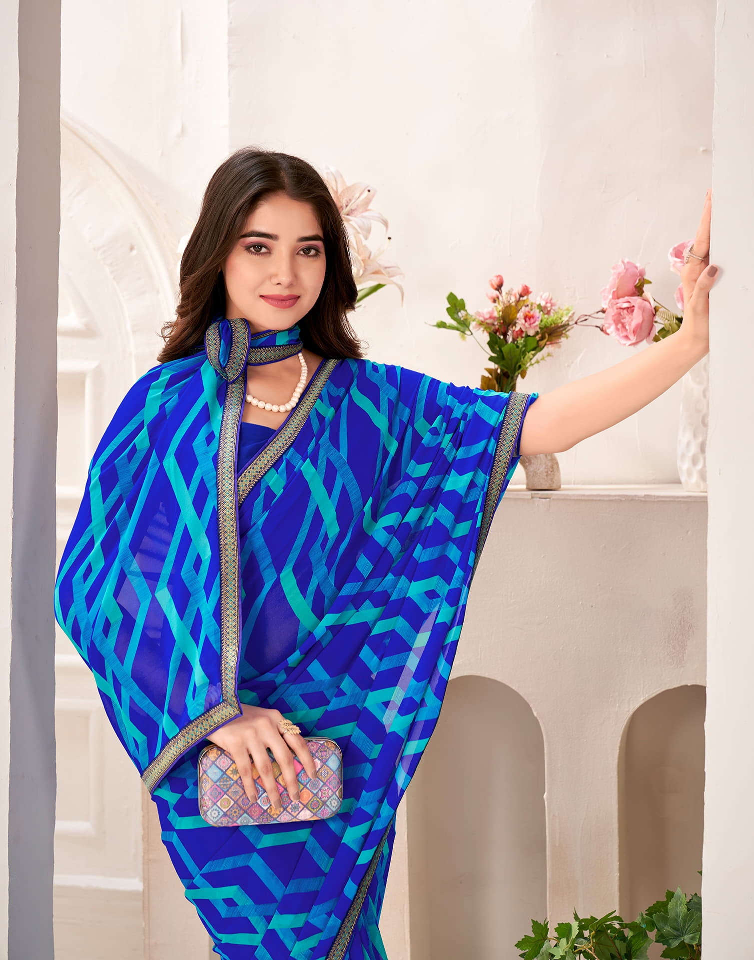 Dark Blue Georgette Geometric Printed Saree