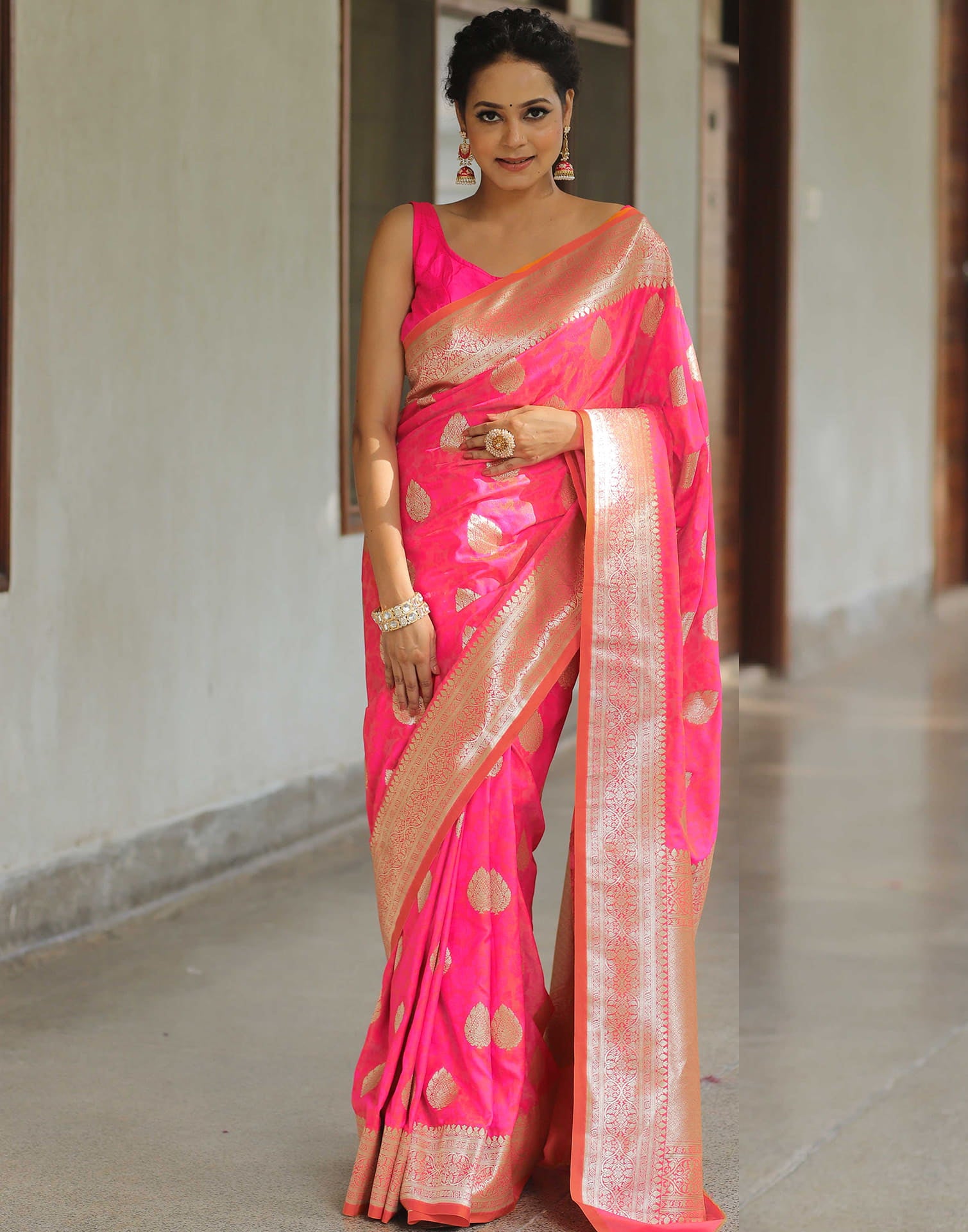 Bright Pink Silk Woven Banarasi Saree