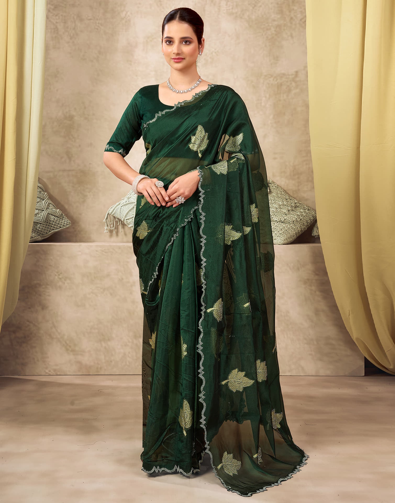Dark Green Silk Woven Embroidery Saree