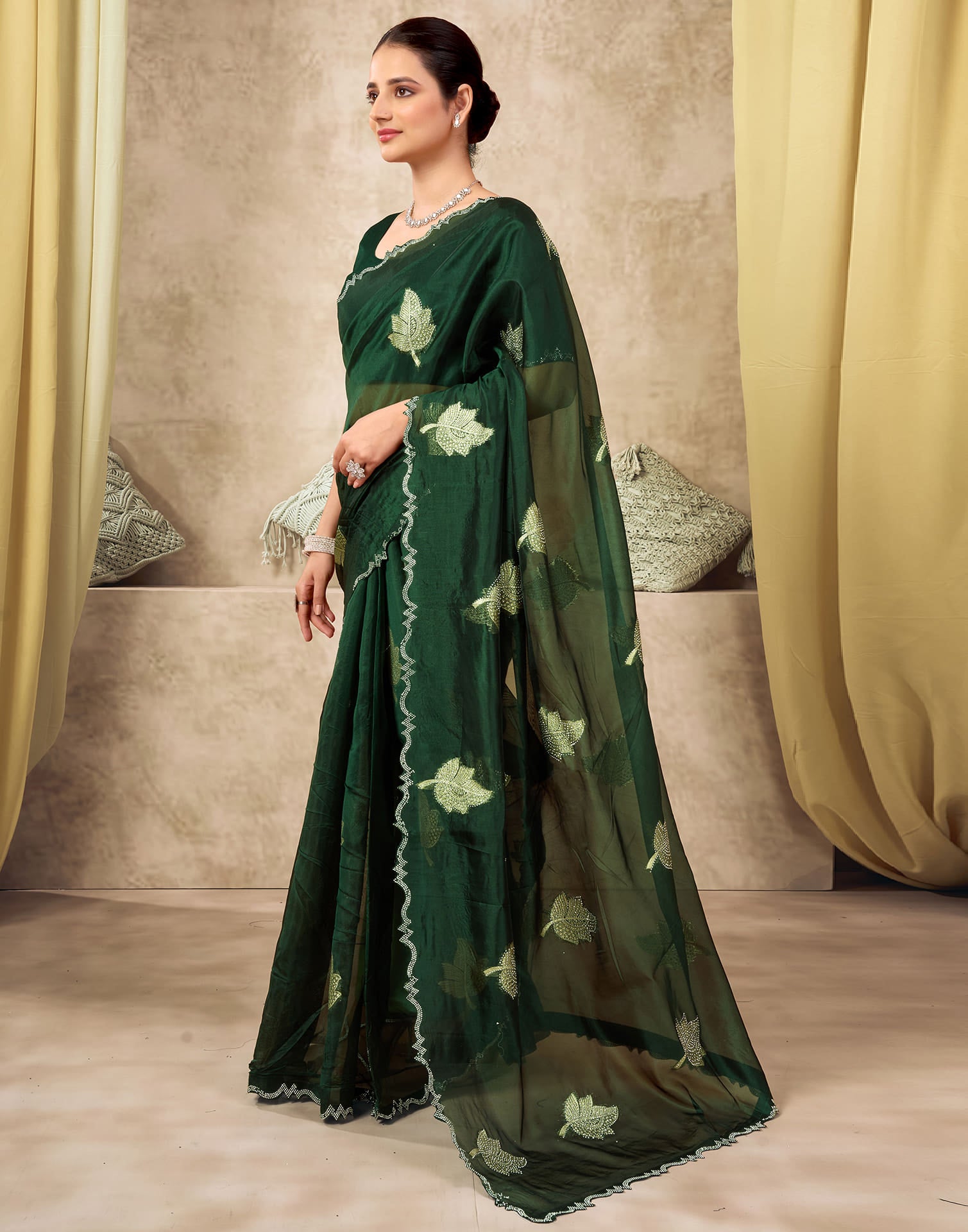 Dark Green Silk Woven Embroidery Saree