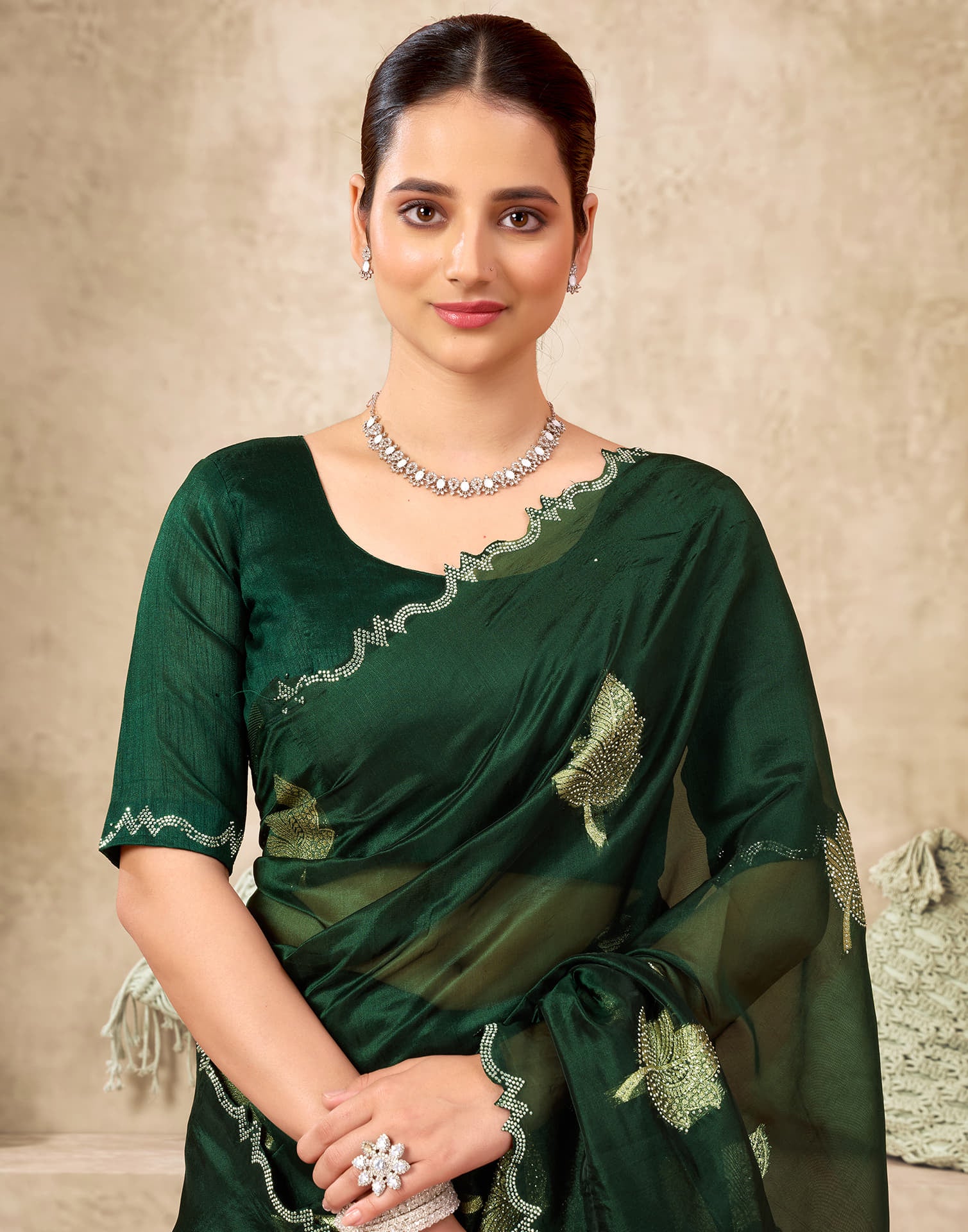 Dark Green Silk Woven Embroidery Saree