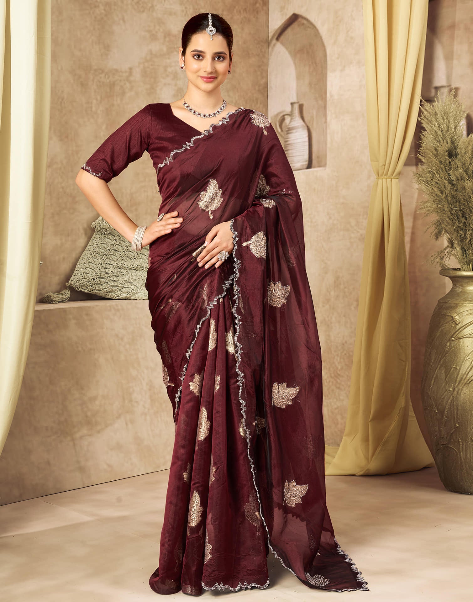 Maroon Silk Woven Embroidery Saree