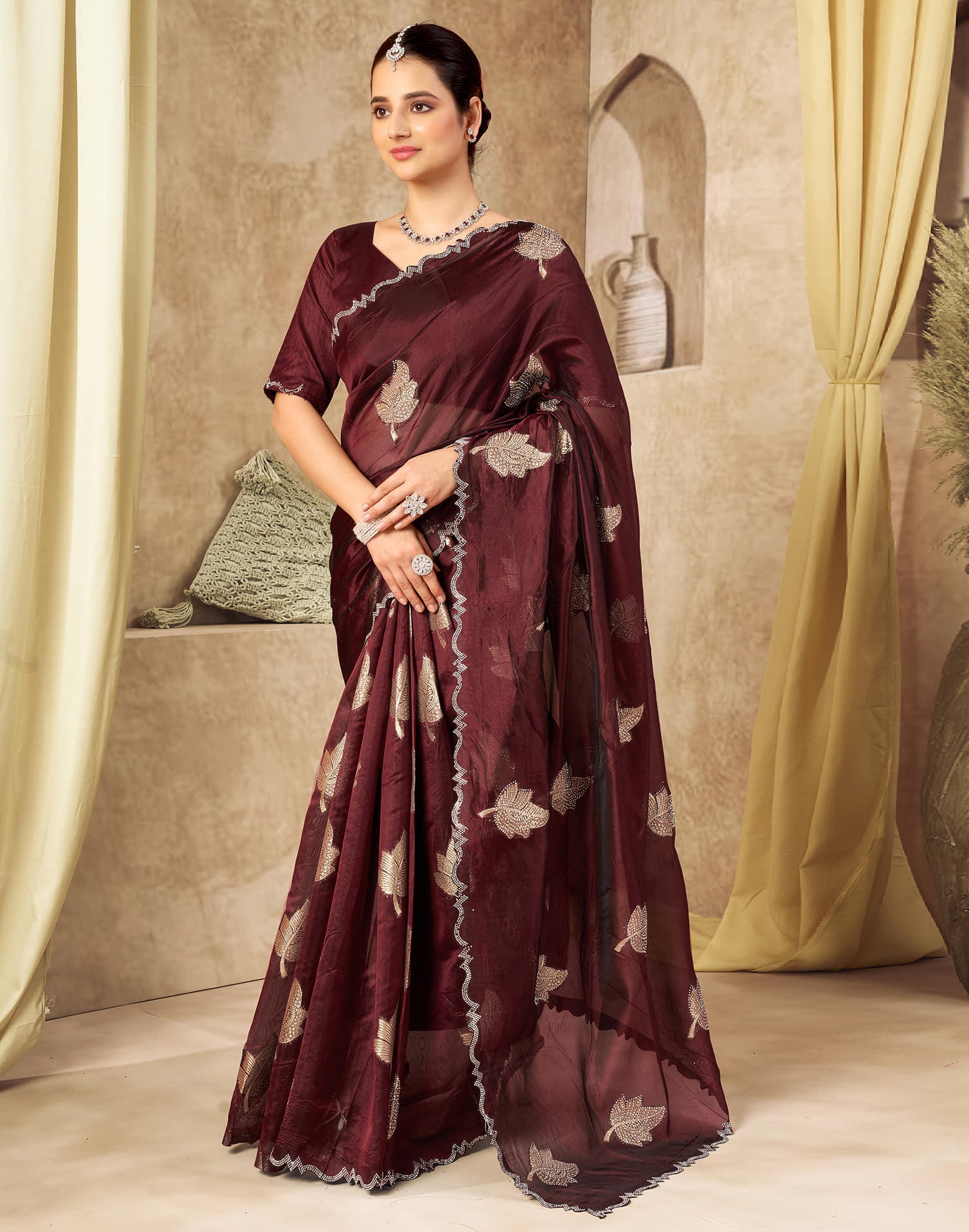 Maroon Silk Woven Embroidery Saree