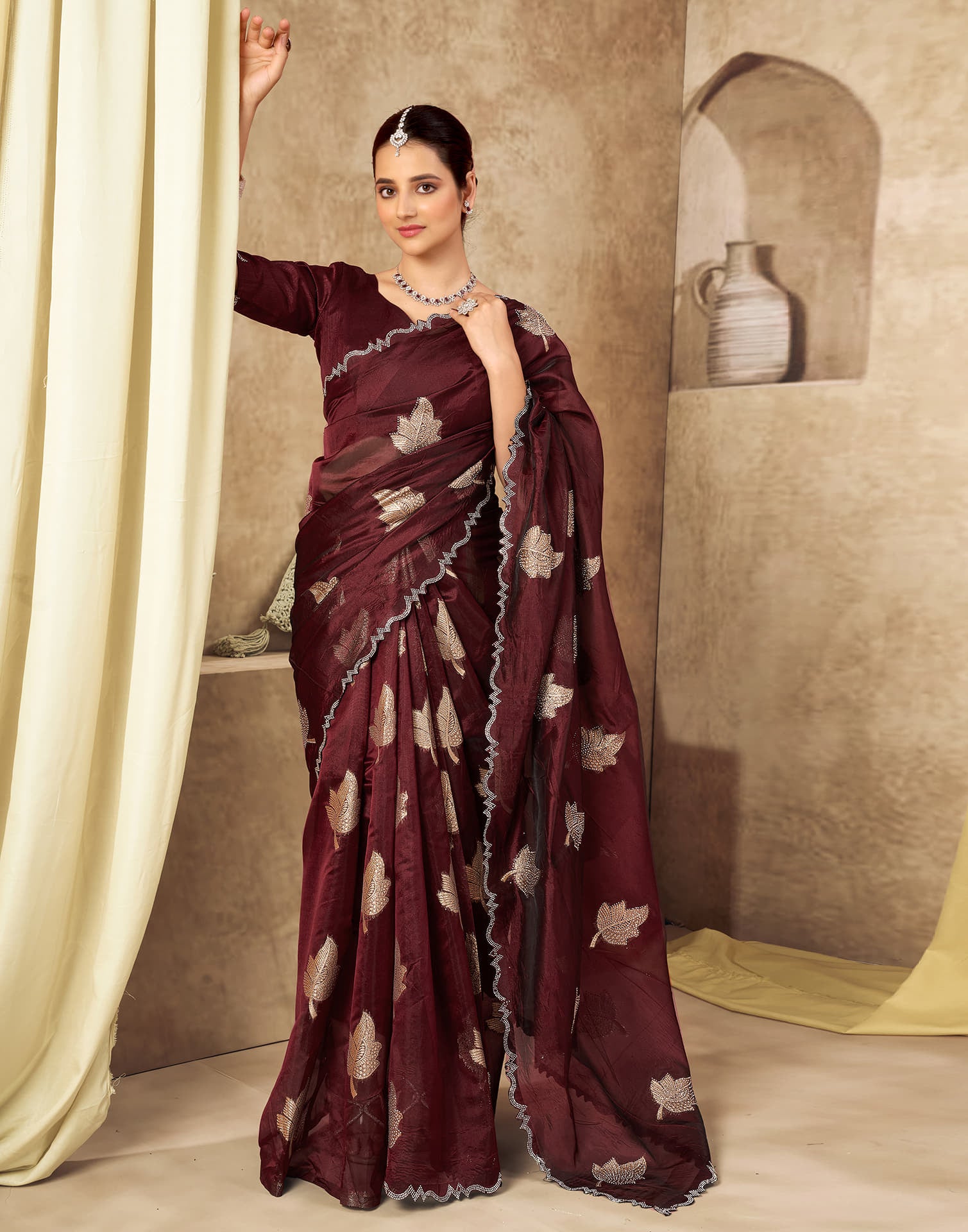 Maroon Silk Woven Embroidery Saree