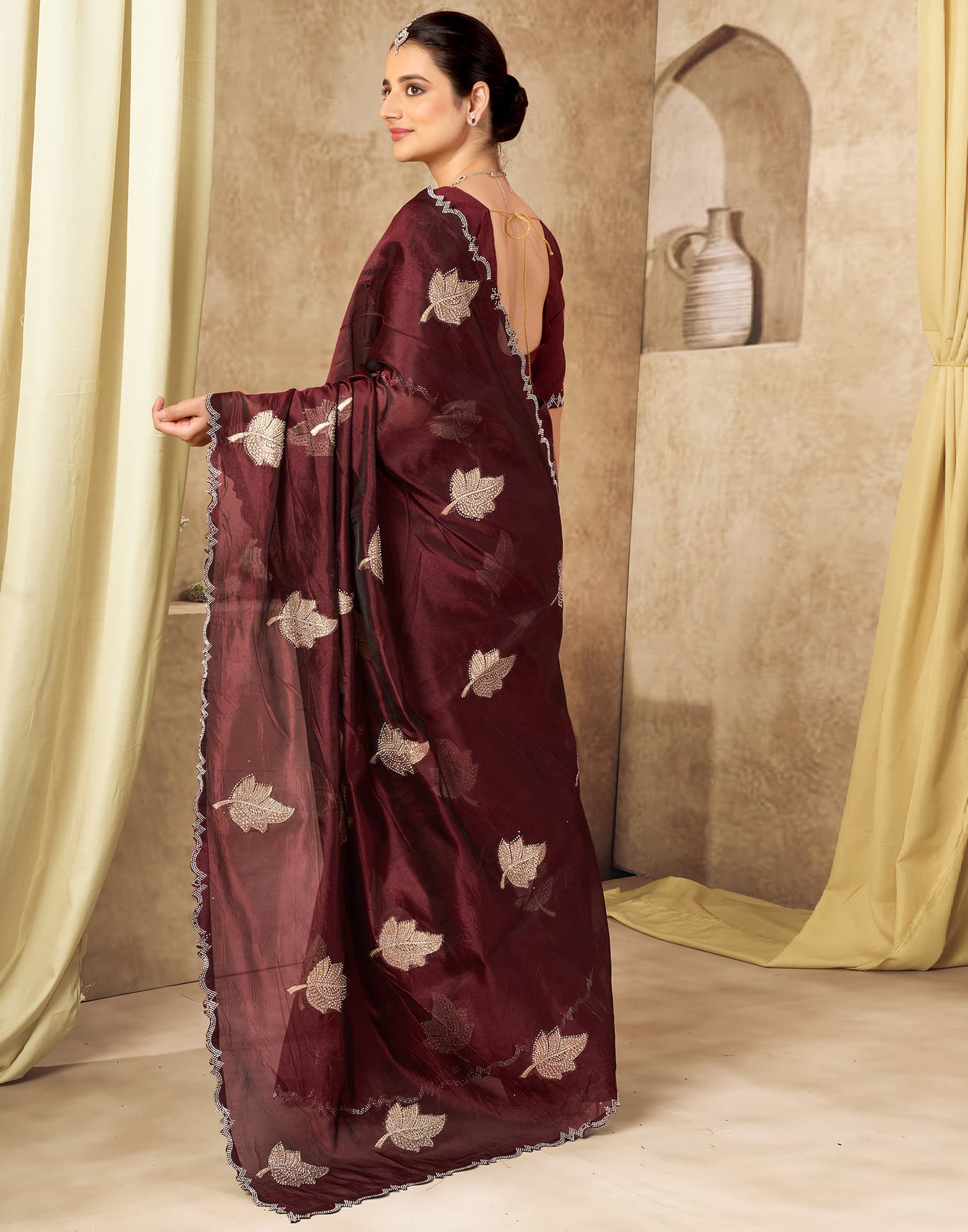 Maroon Silk Woven Embroidery Saree