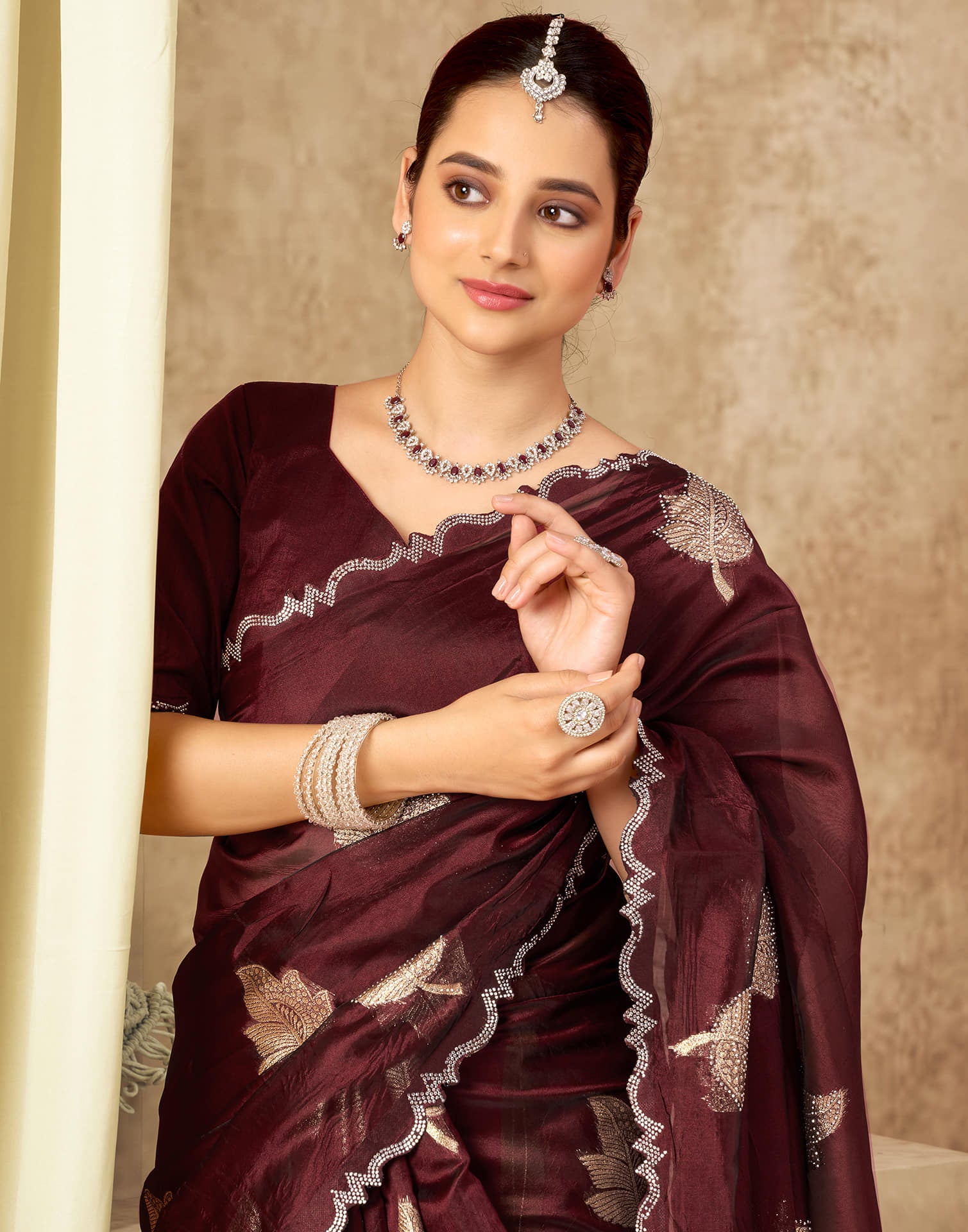 Maroon Silk Woven Embroidery Saree