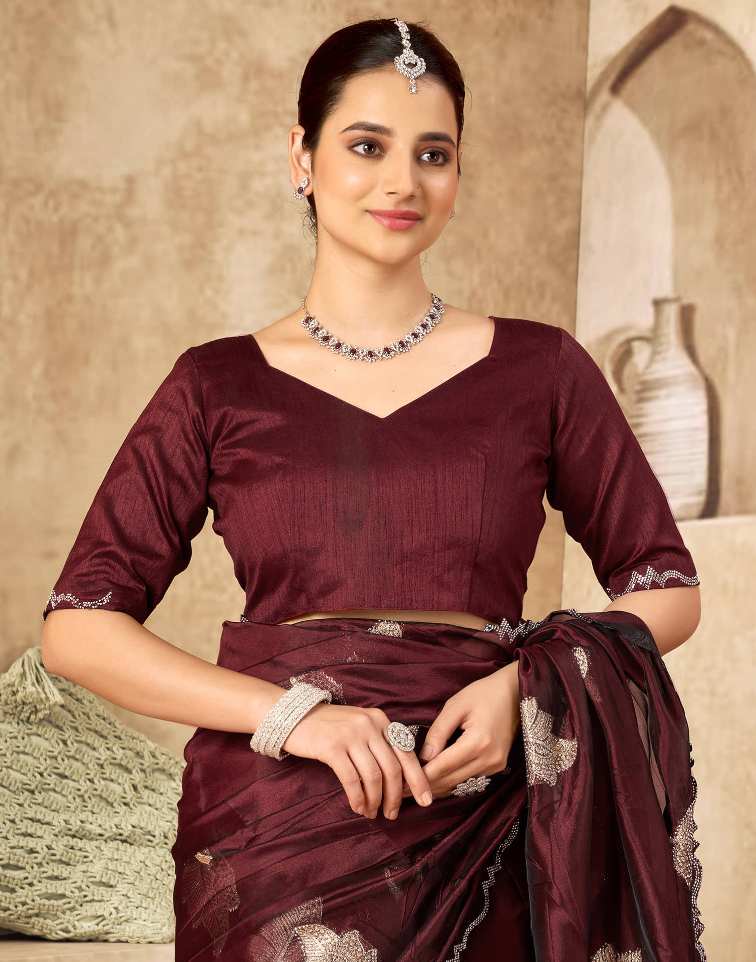 Maroon Silk Woven Embroidery Saree