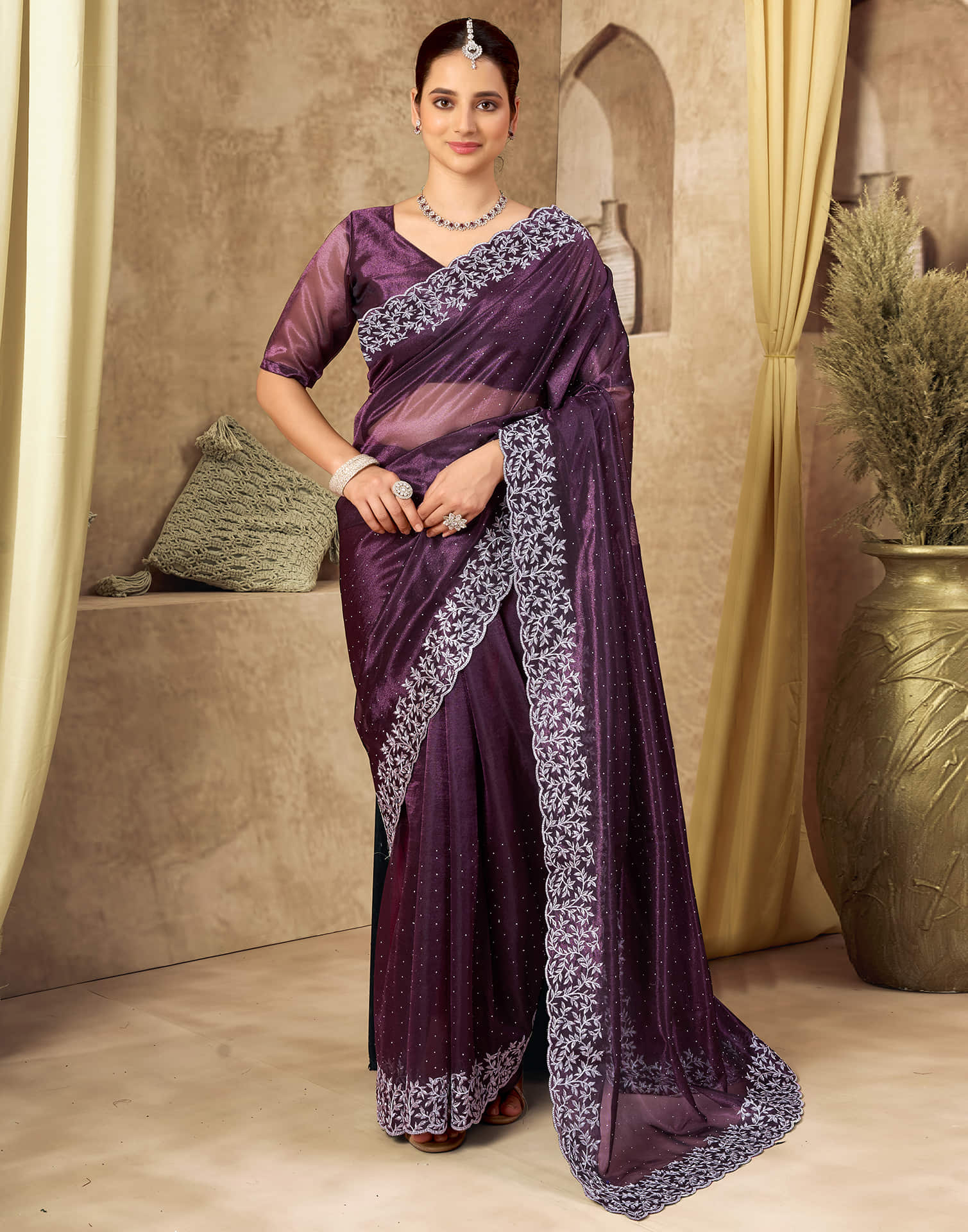 Mauve Shimmer Embroidery Saree