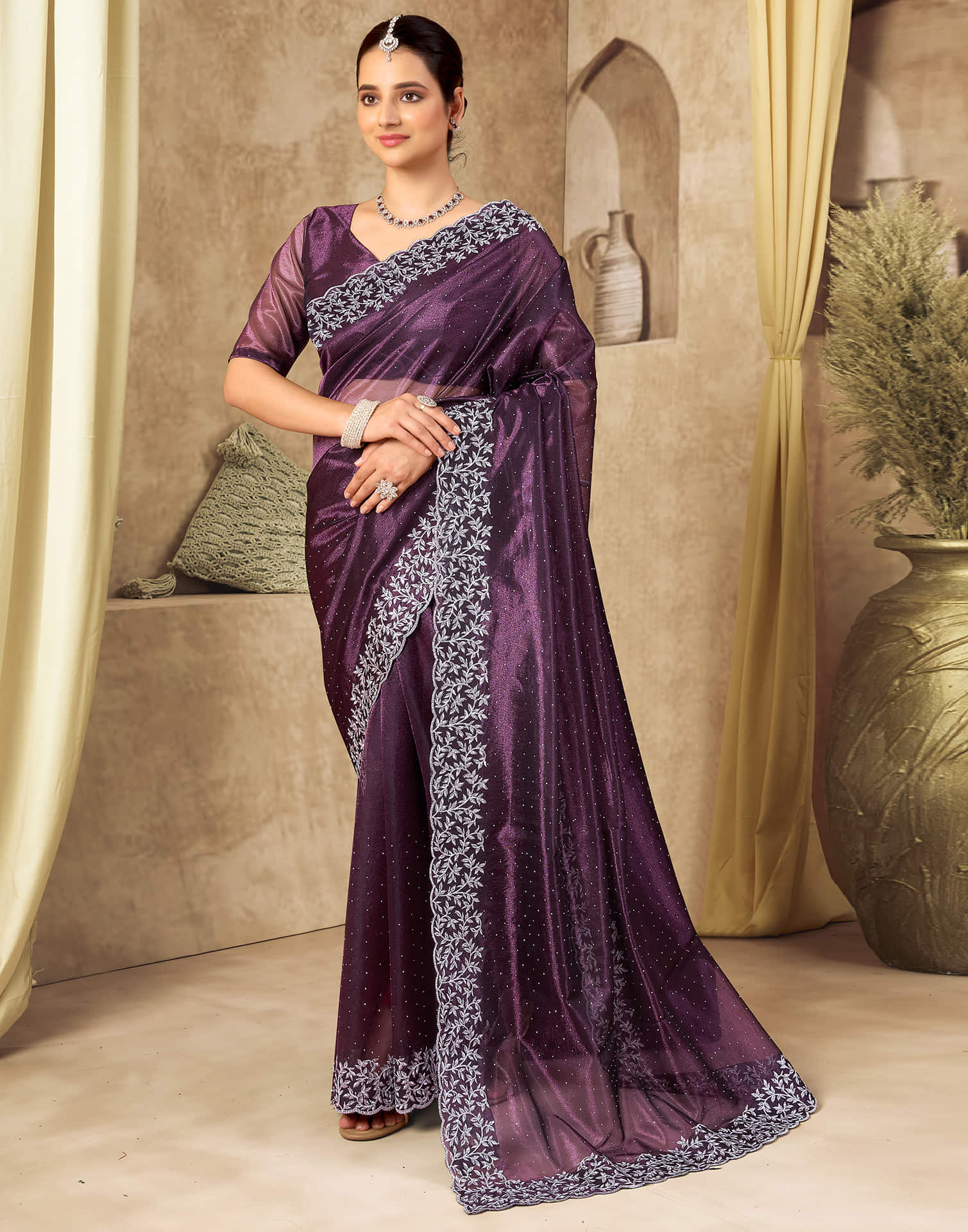 Mauve Shimmer Embroidery Saree