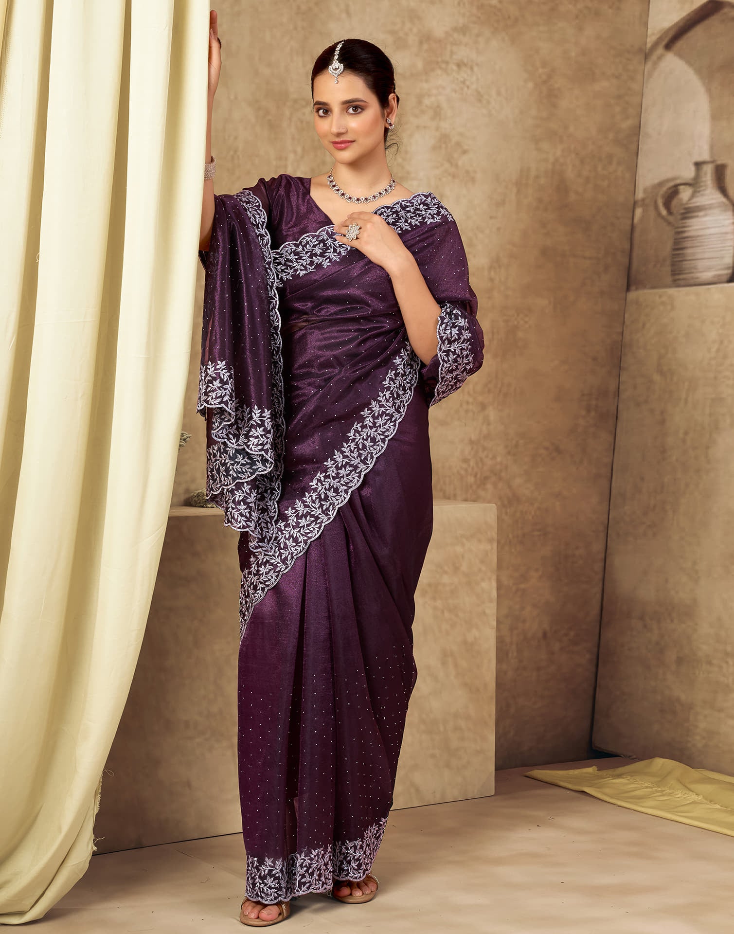 Mauve Shimmer Embroidery Saree
