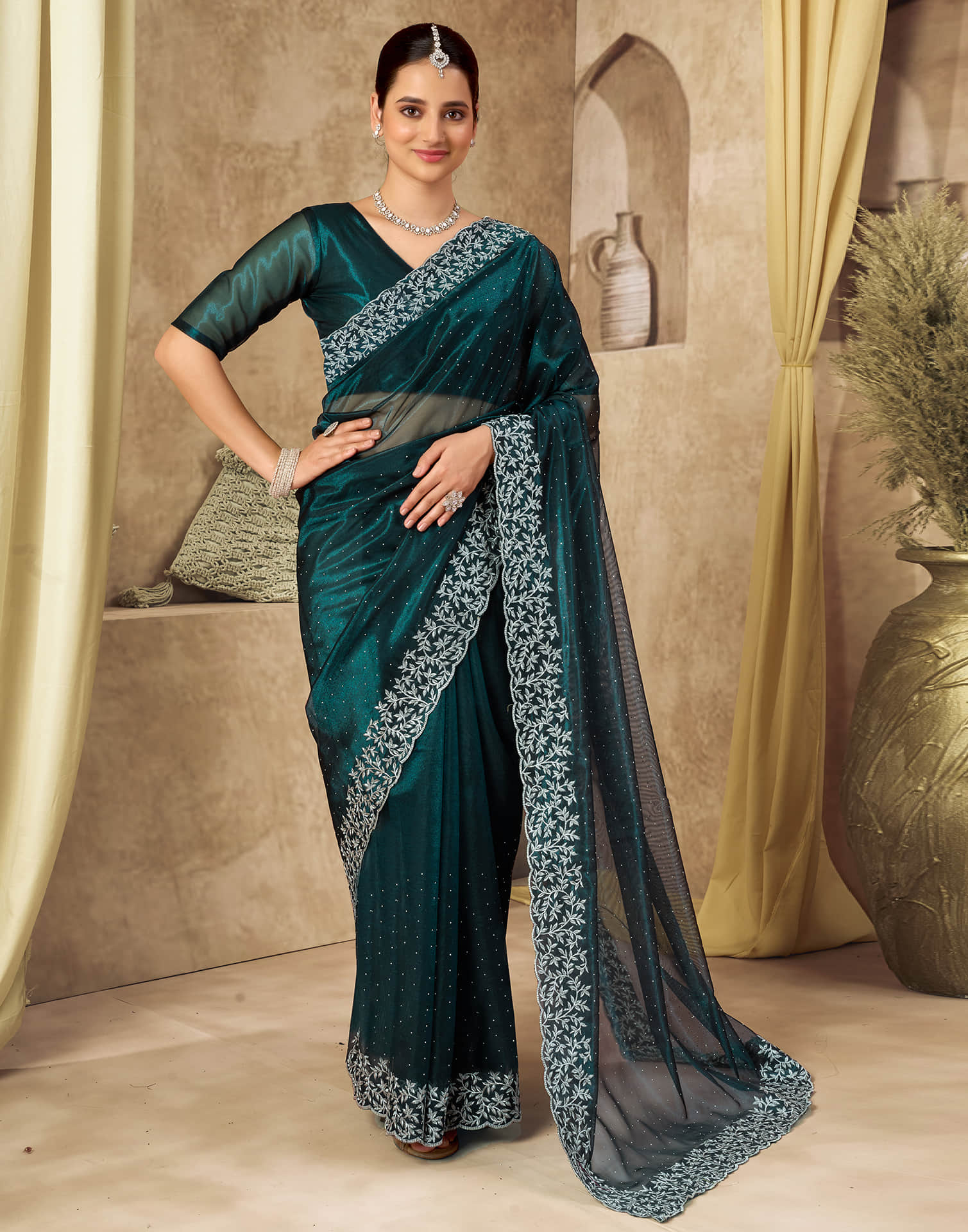 Rama Blue Shimmer Embroidery Saree
