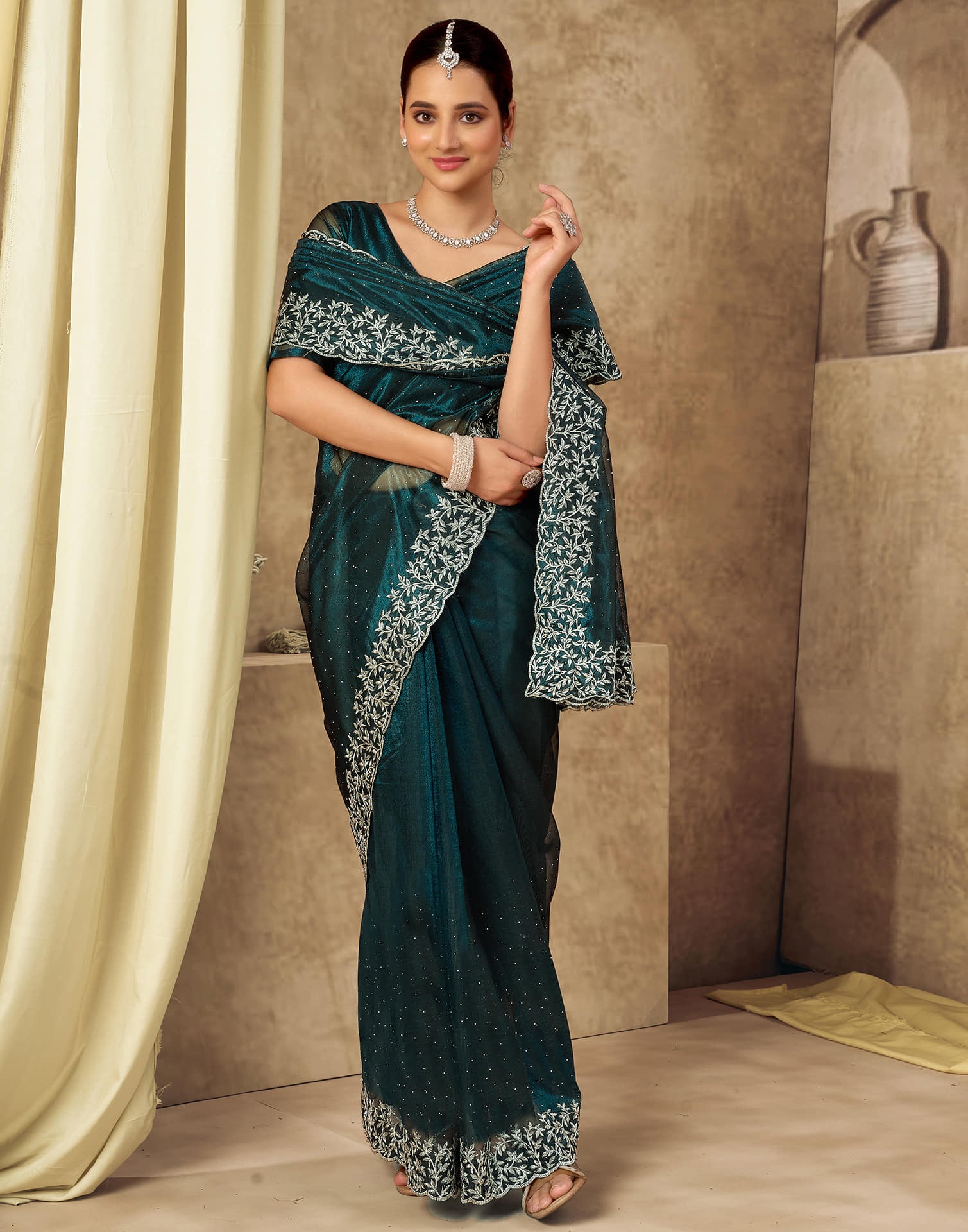 Rama Blue Shimmer Embroidery Saree