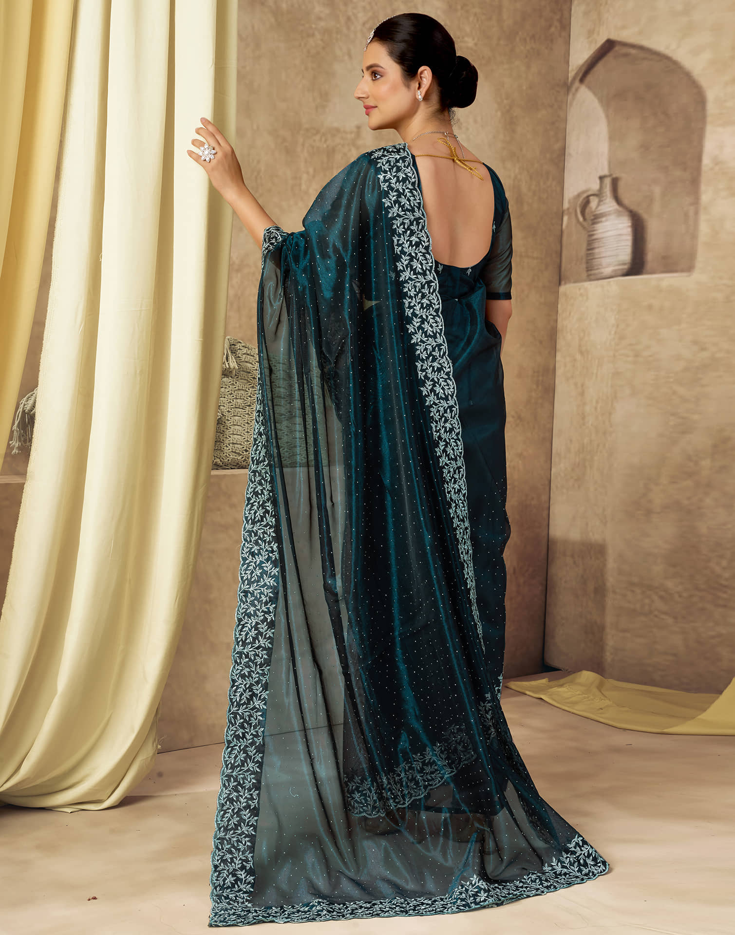 Rama Blue Shimmer Embroidery Saree