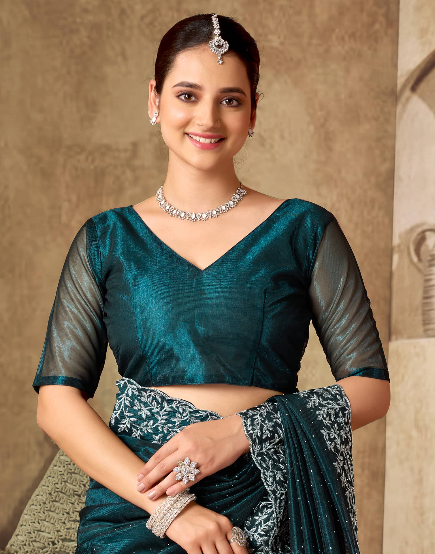Rama Blue Shimmer Embroidery Saree