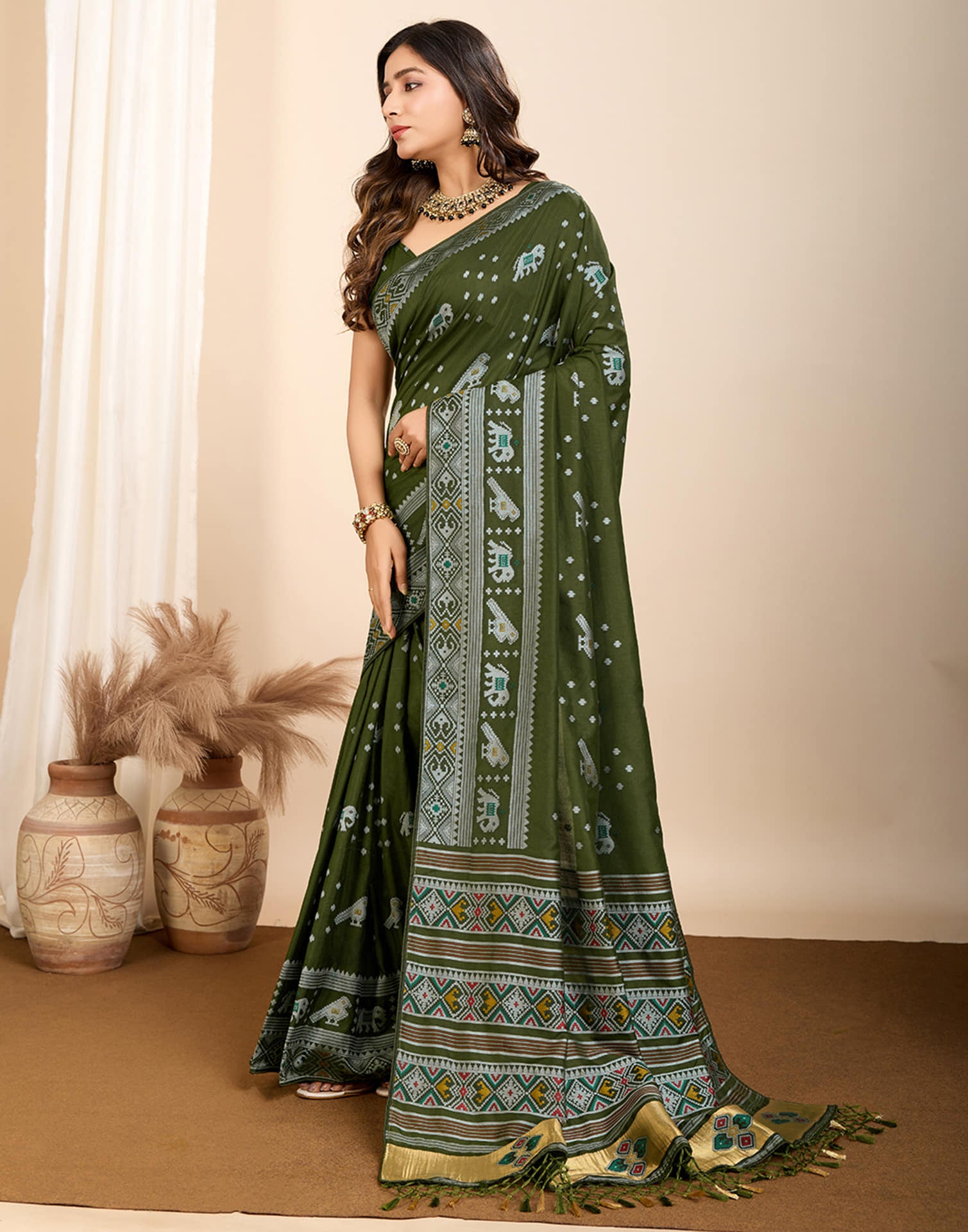 Olive Green Silk Woven Banarasi Saree