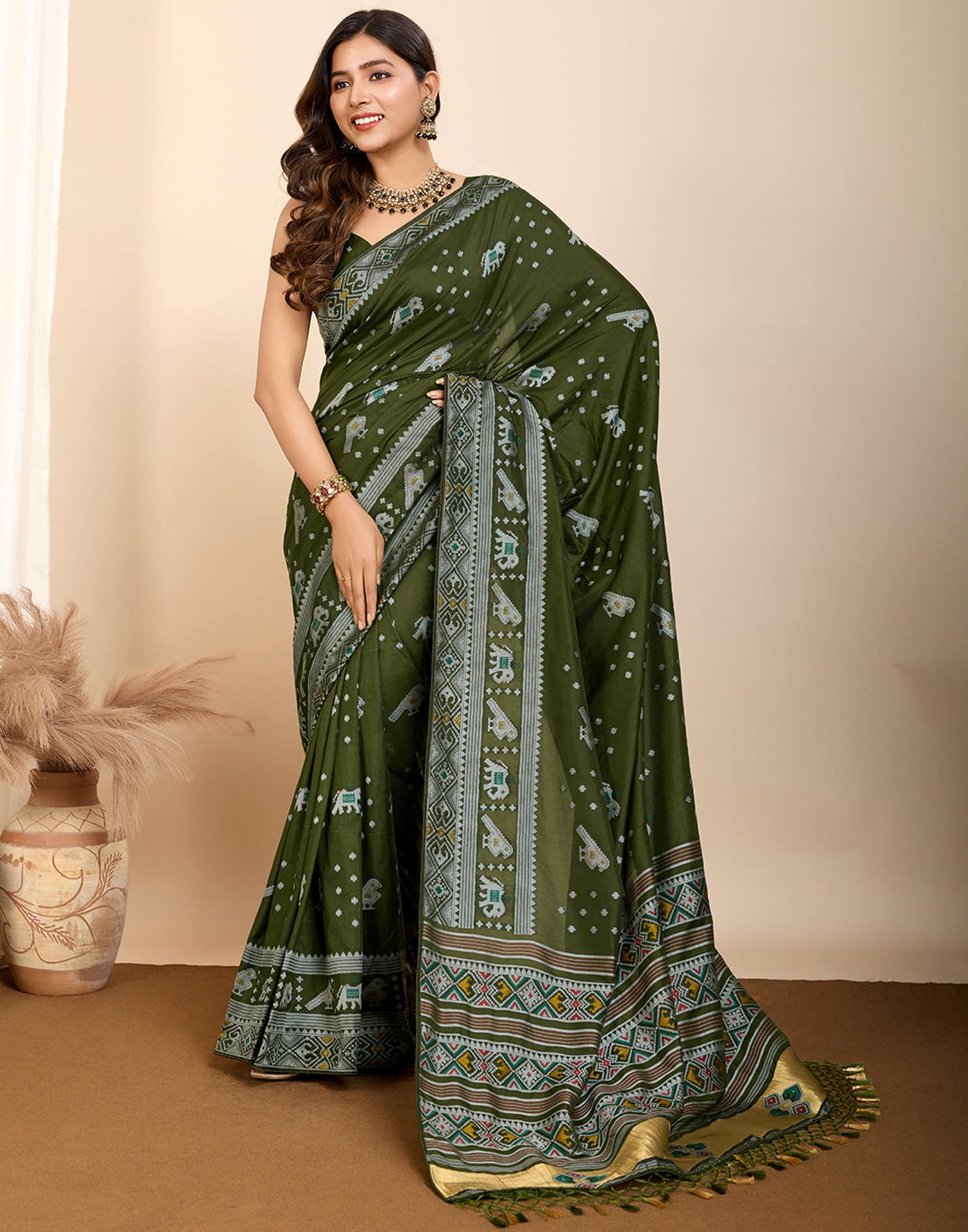 Olive Green Silk Woven Banarasi Saree