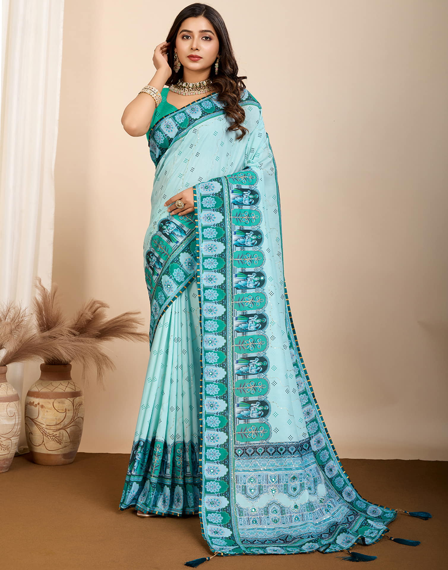 Light Blue Cotton Printed Saree