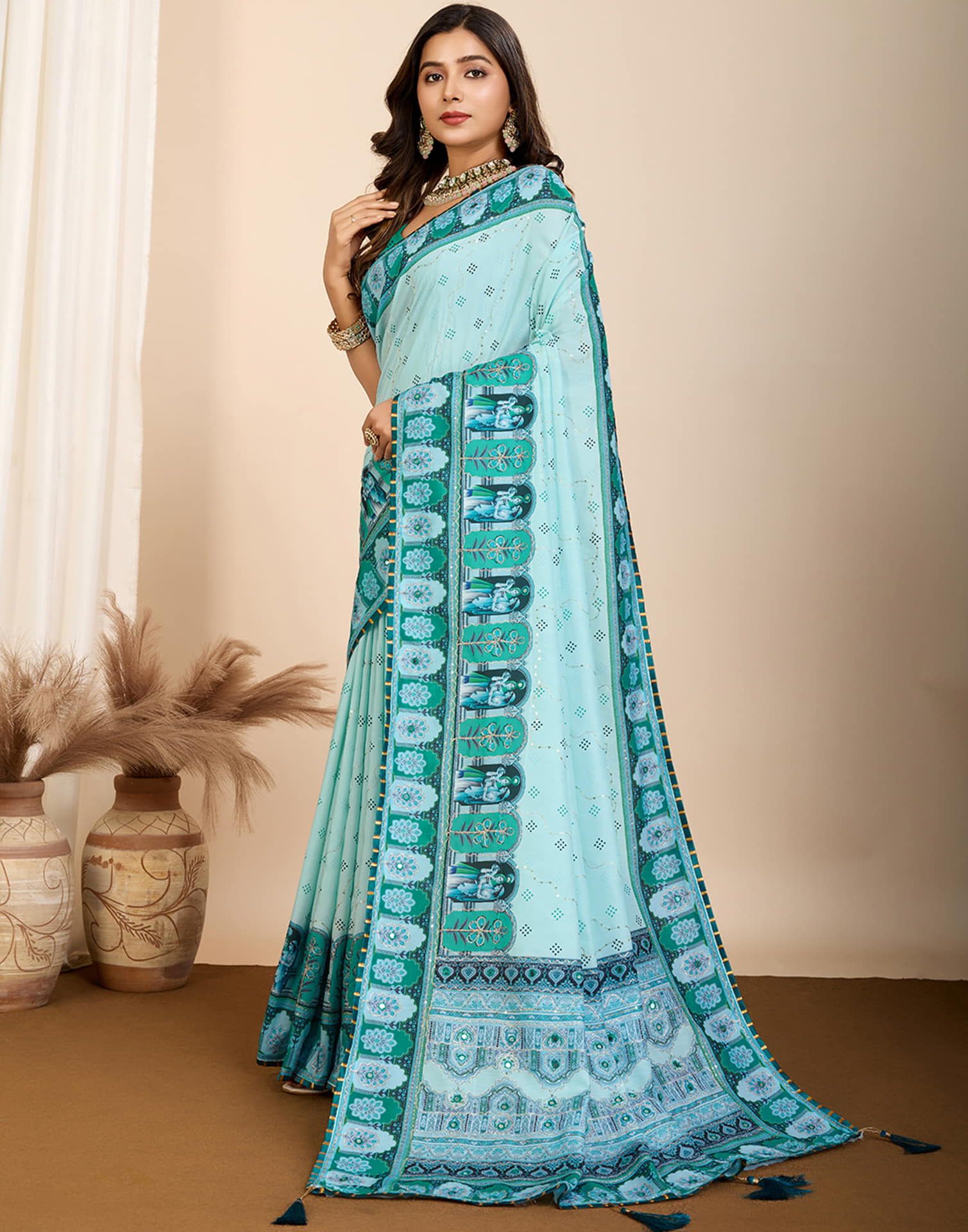 Light Blue Cotton Printed Saree