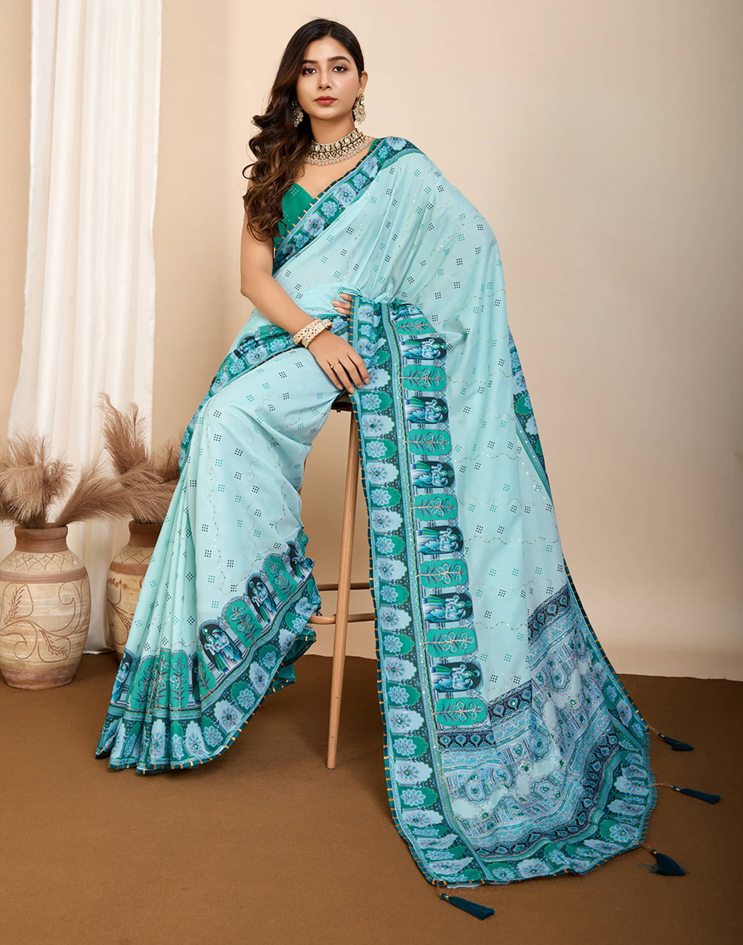 Light Blue Cotton Printed Saree