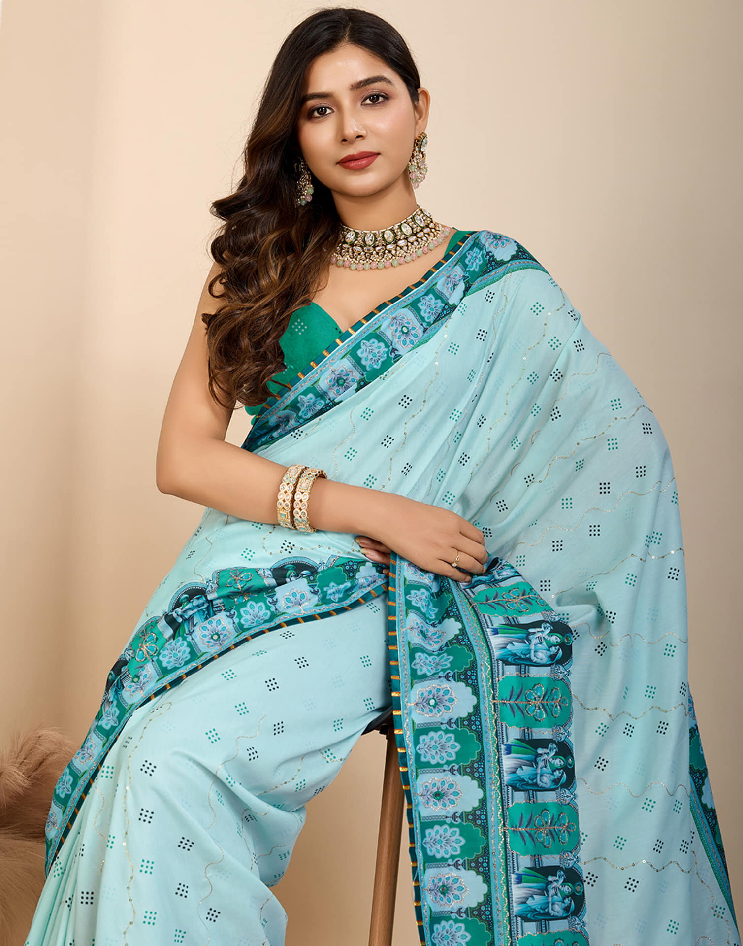 Light Blue Cotton Printed Saree