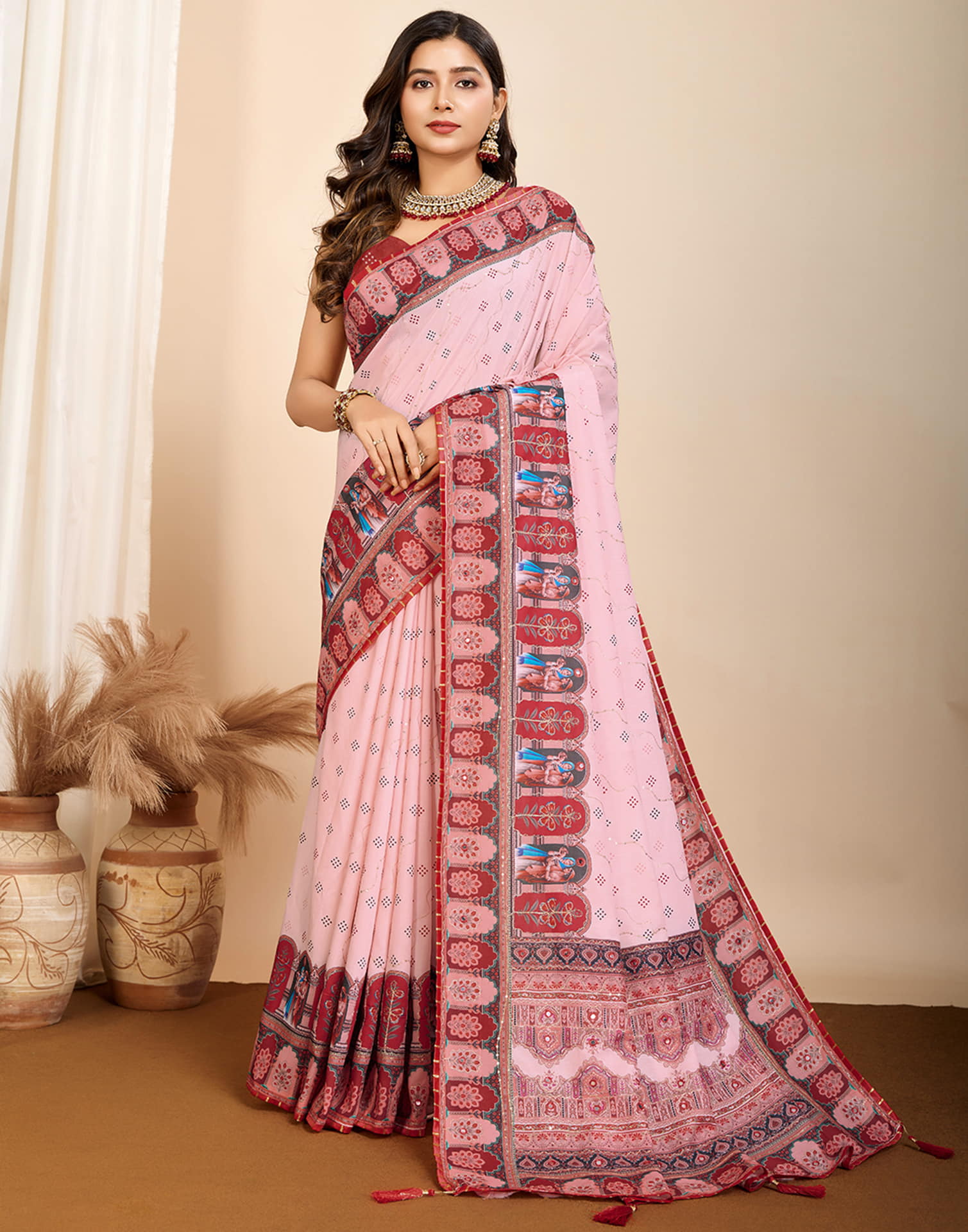 Light Rose Pink Cotton Printed Saree