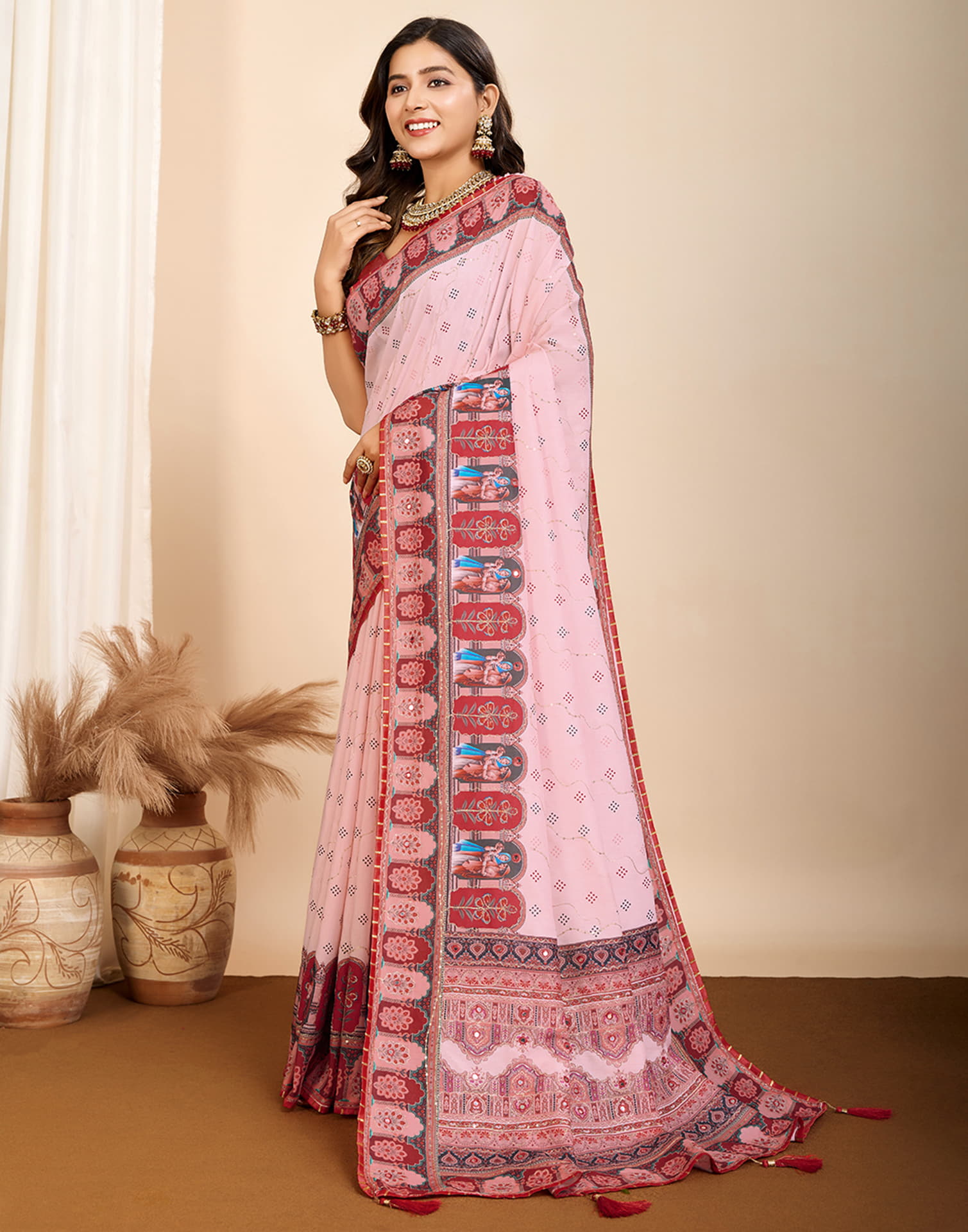 Light Rose Pink Cotton Printed Saree