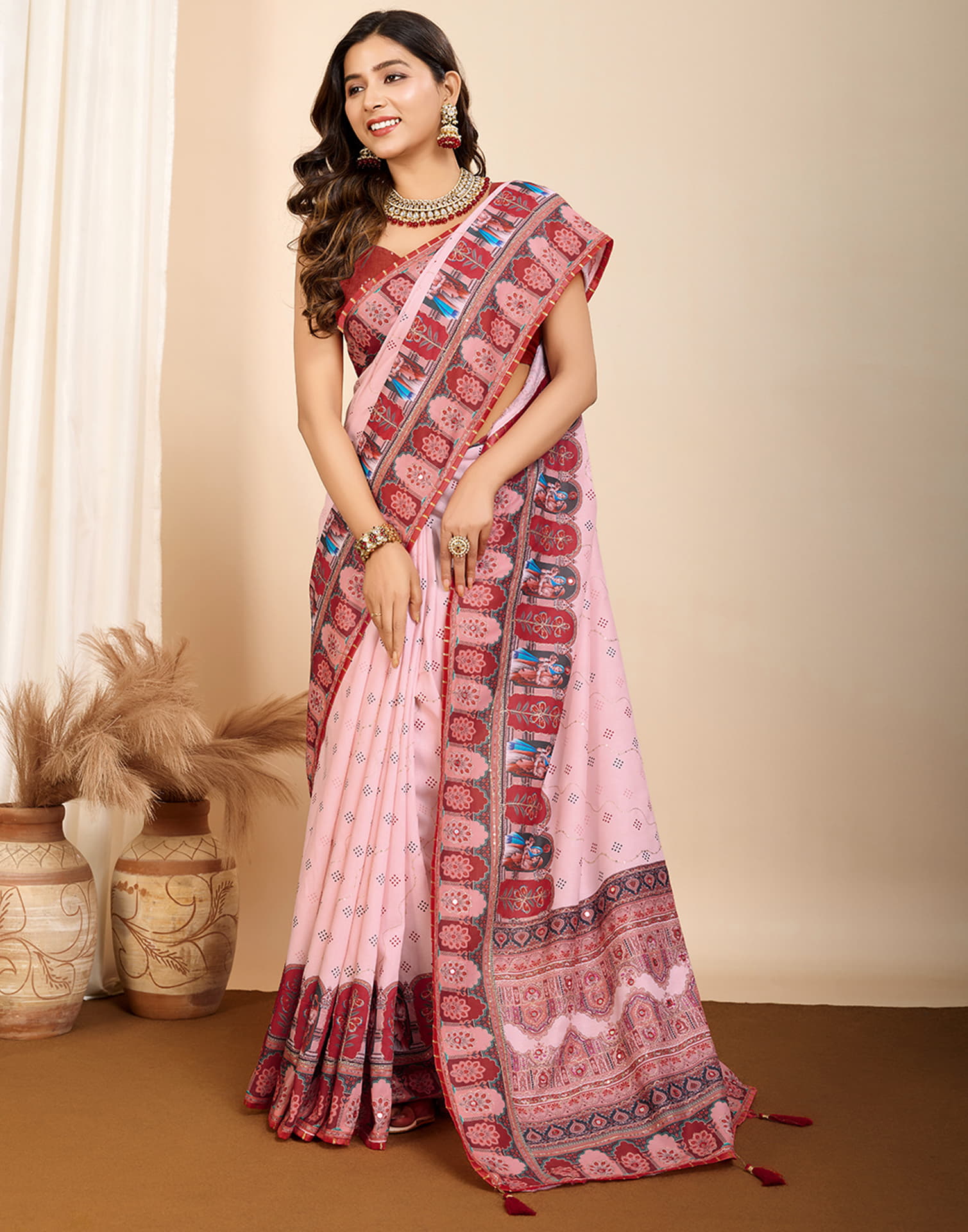 Light Rose Pink Cotton Printed Saree