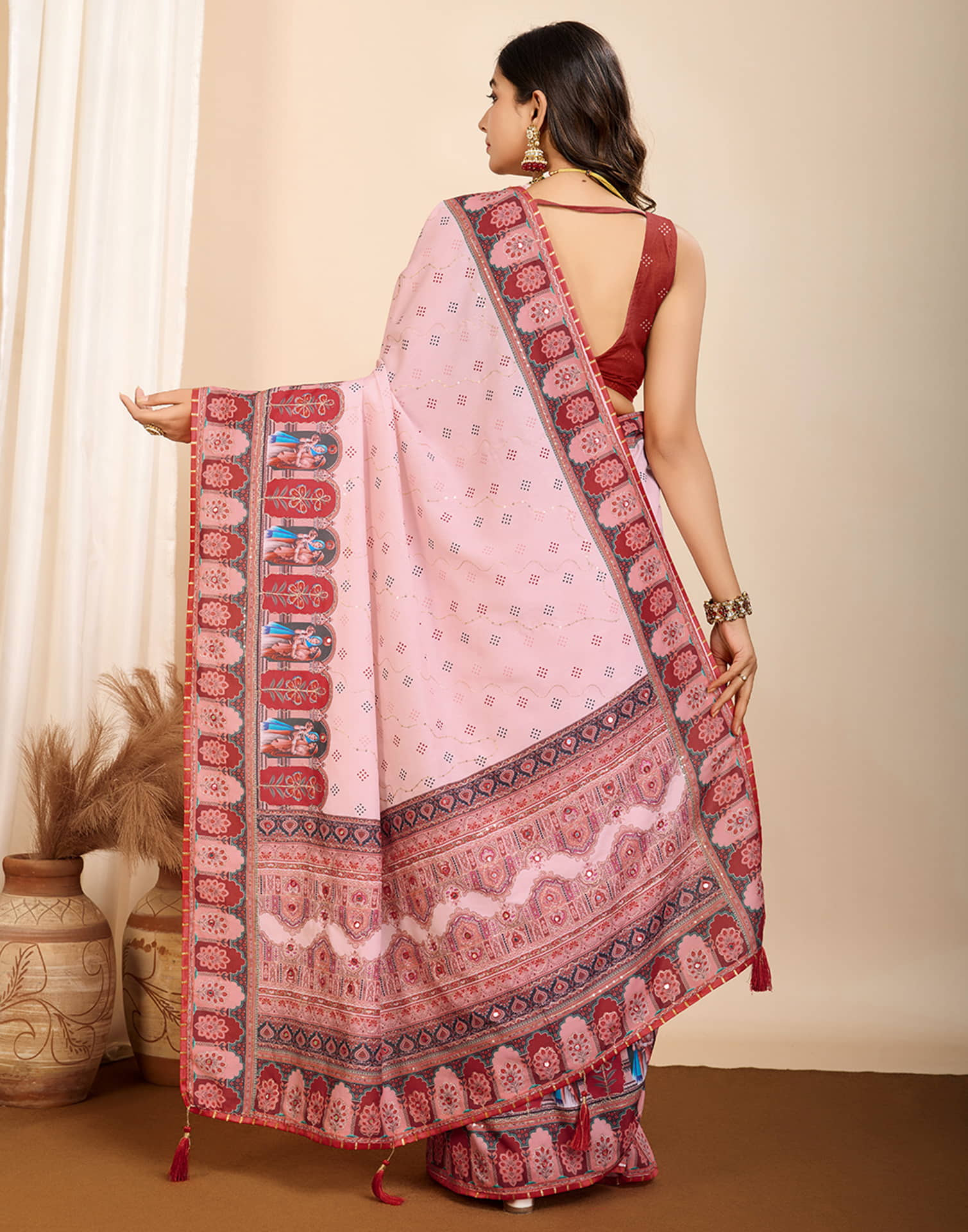Light Rose Pink Cotton Printed Saree