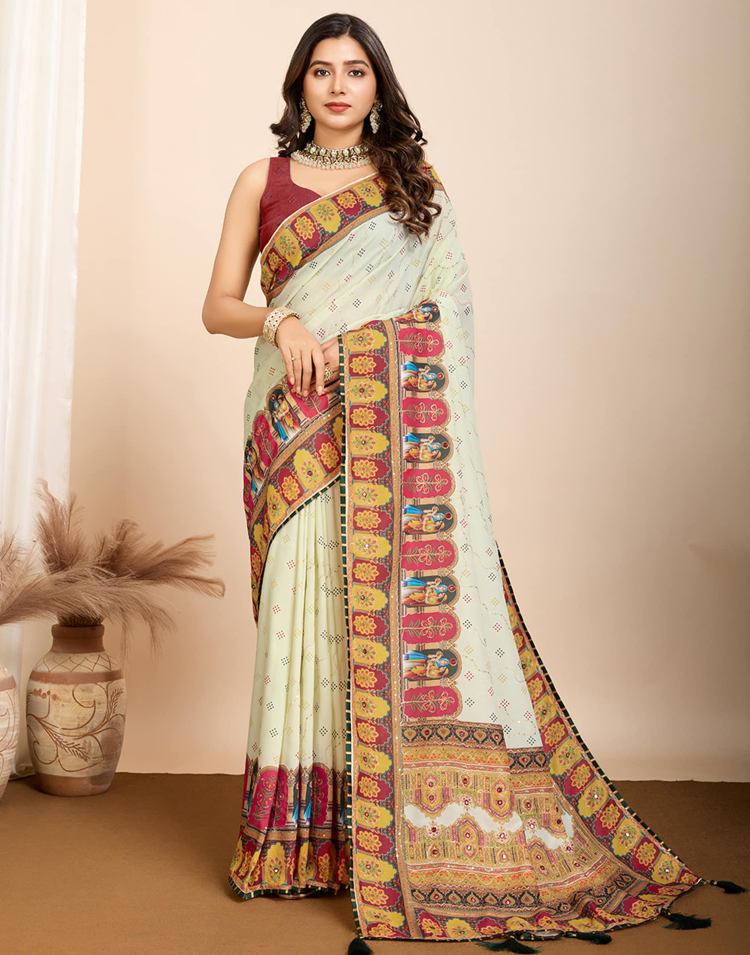 Off White Cotton Printed Saree