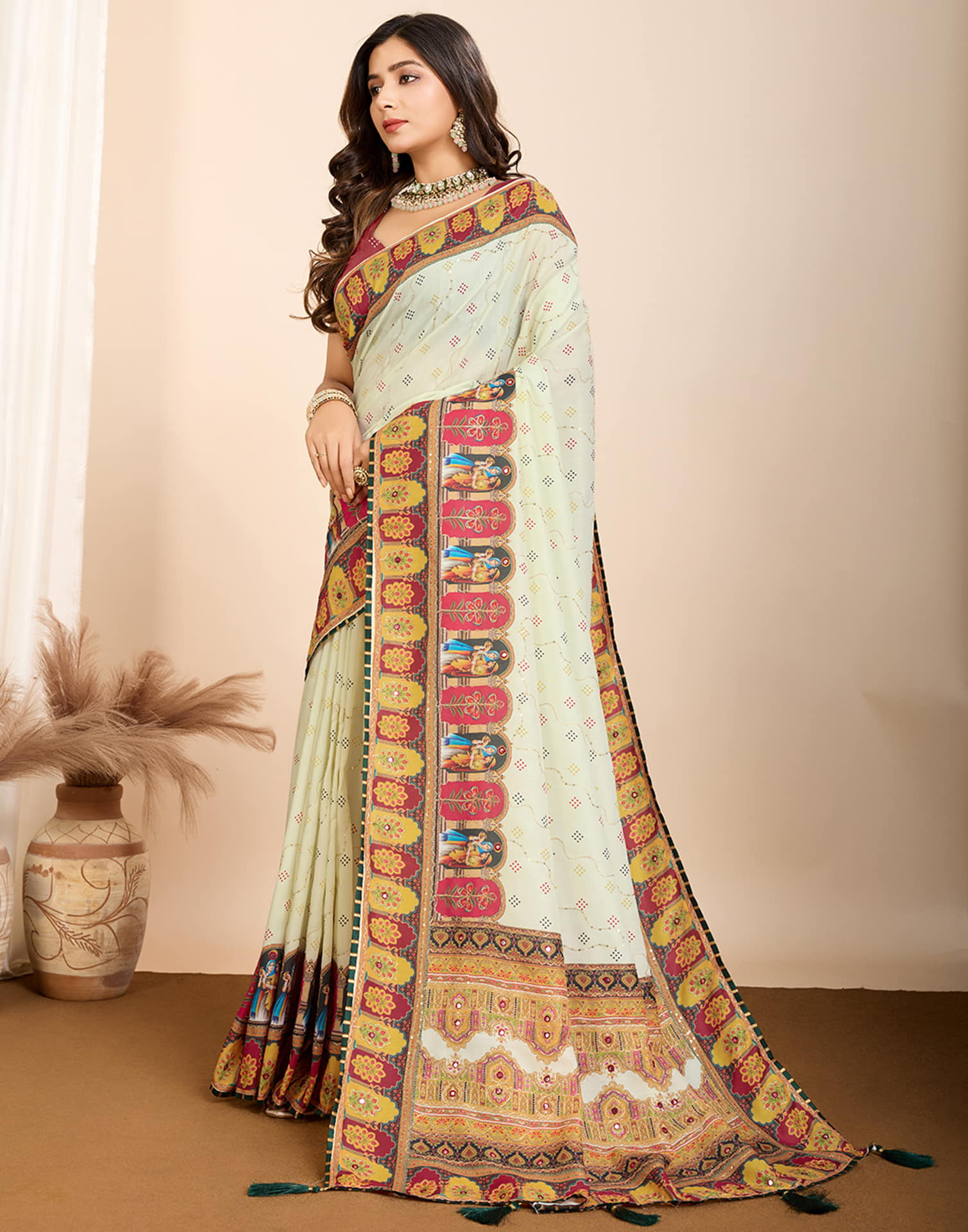 Off White Cotton Printed Saree