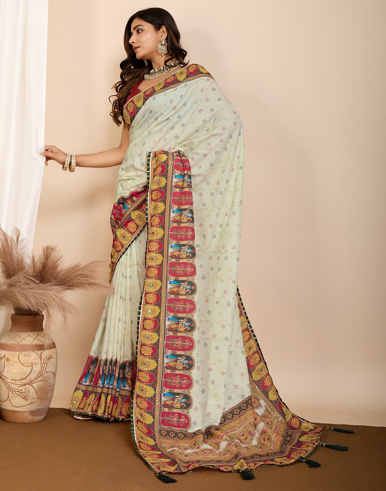 Off White Cotton Printed Saree