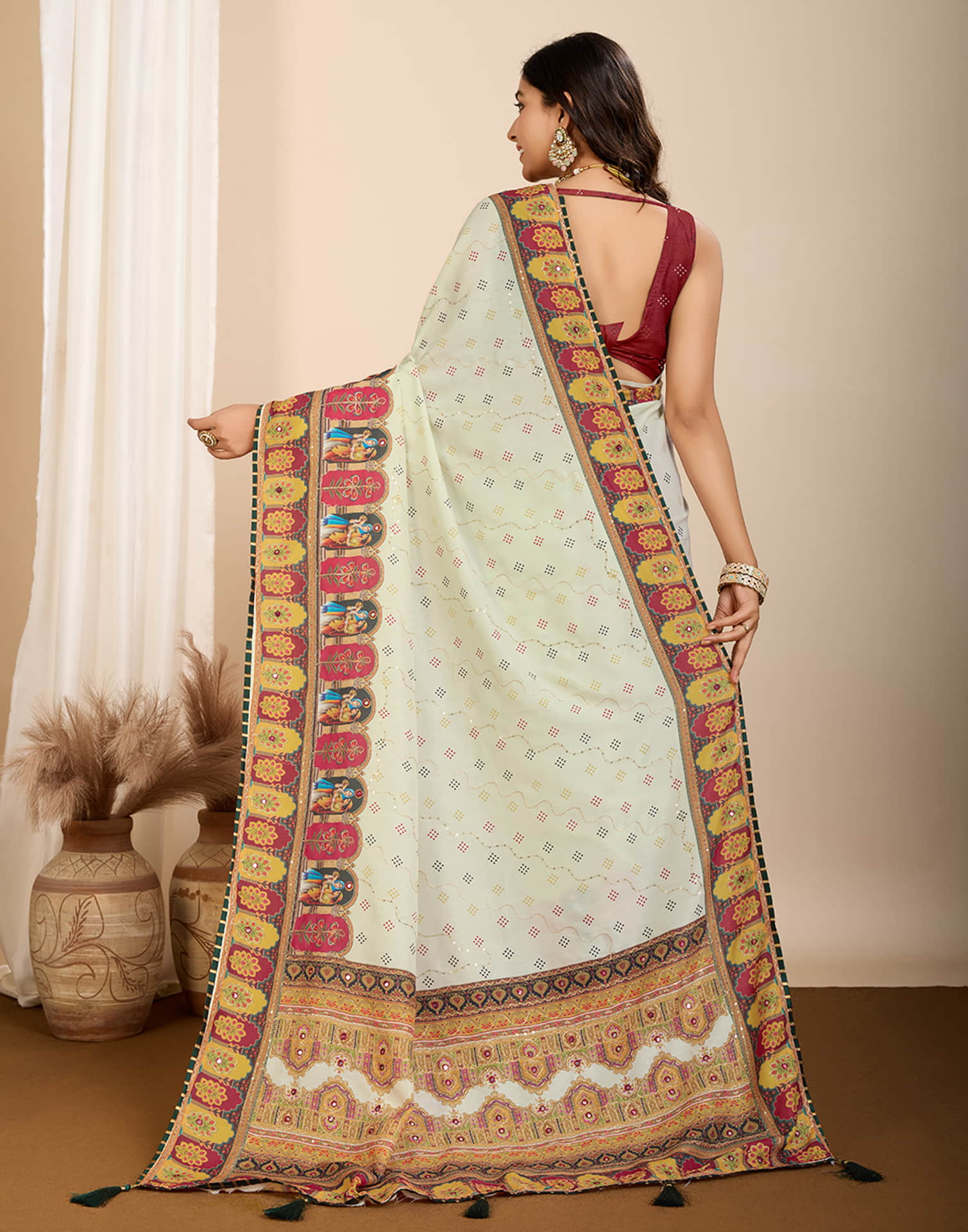 Off White Cotton Printed Saree