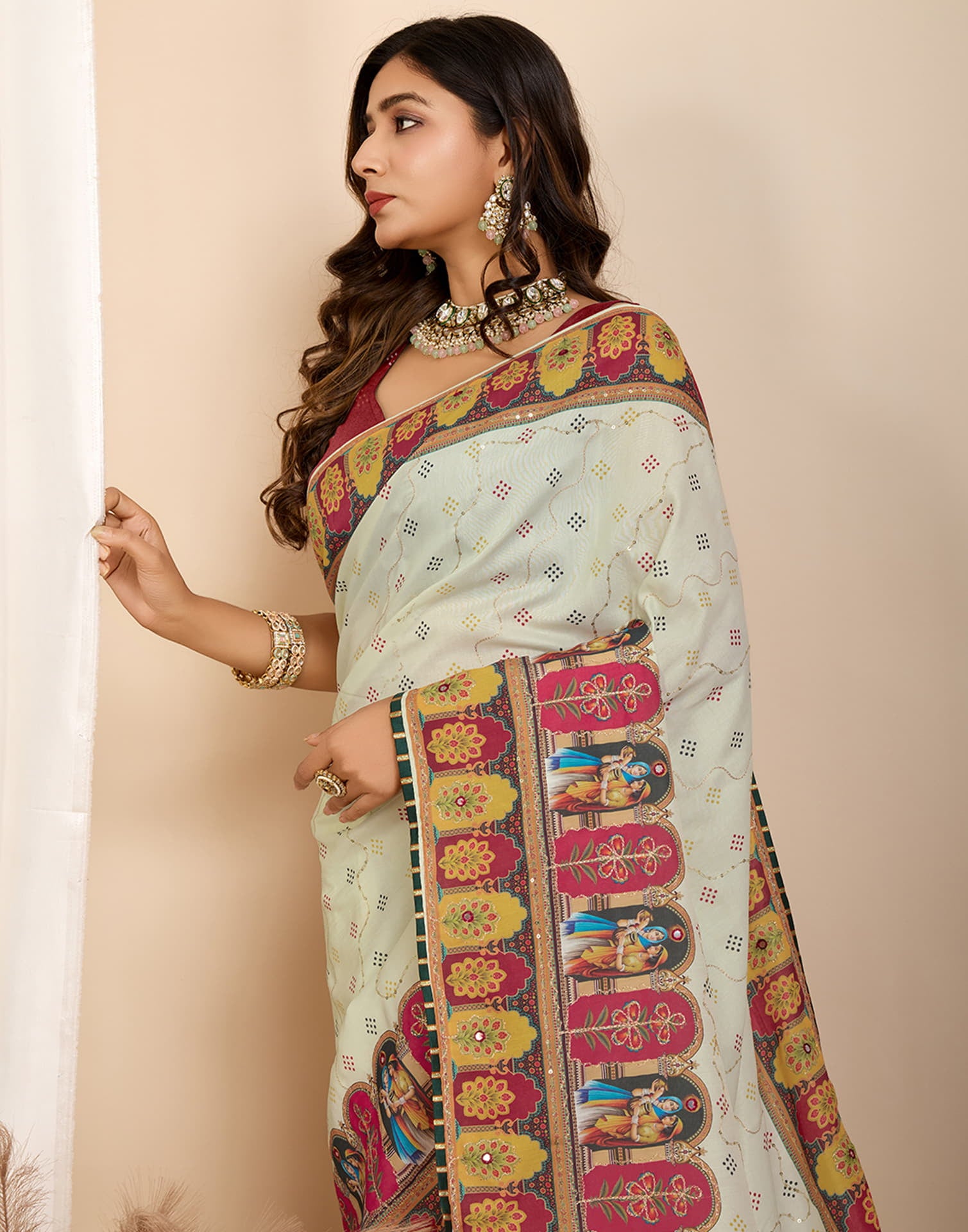 Off White Cotton Printed Saree