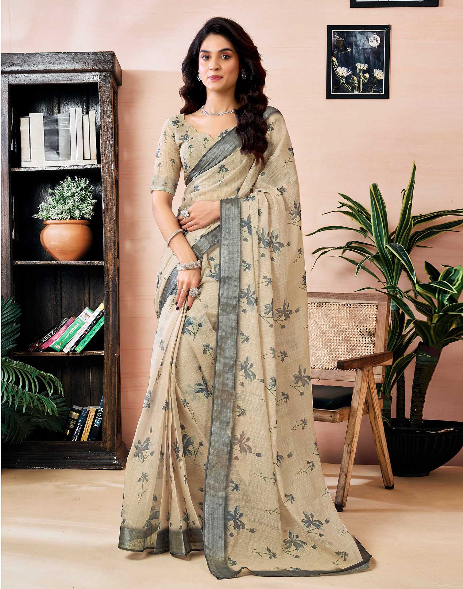 Ready to Wear Dark Beige Linen Floral Printed Saree