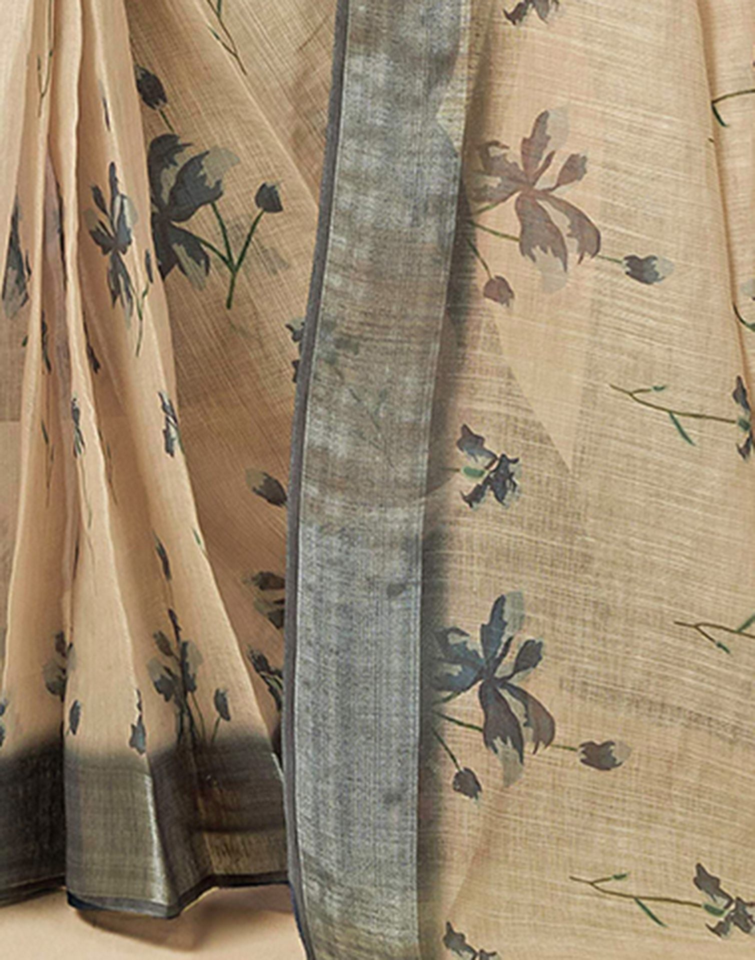 Ready to Wear Dark Beige Linen Floral Printed Saree