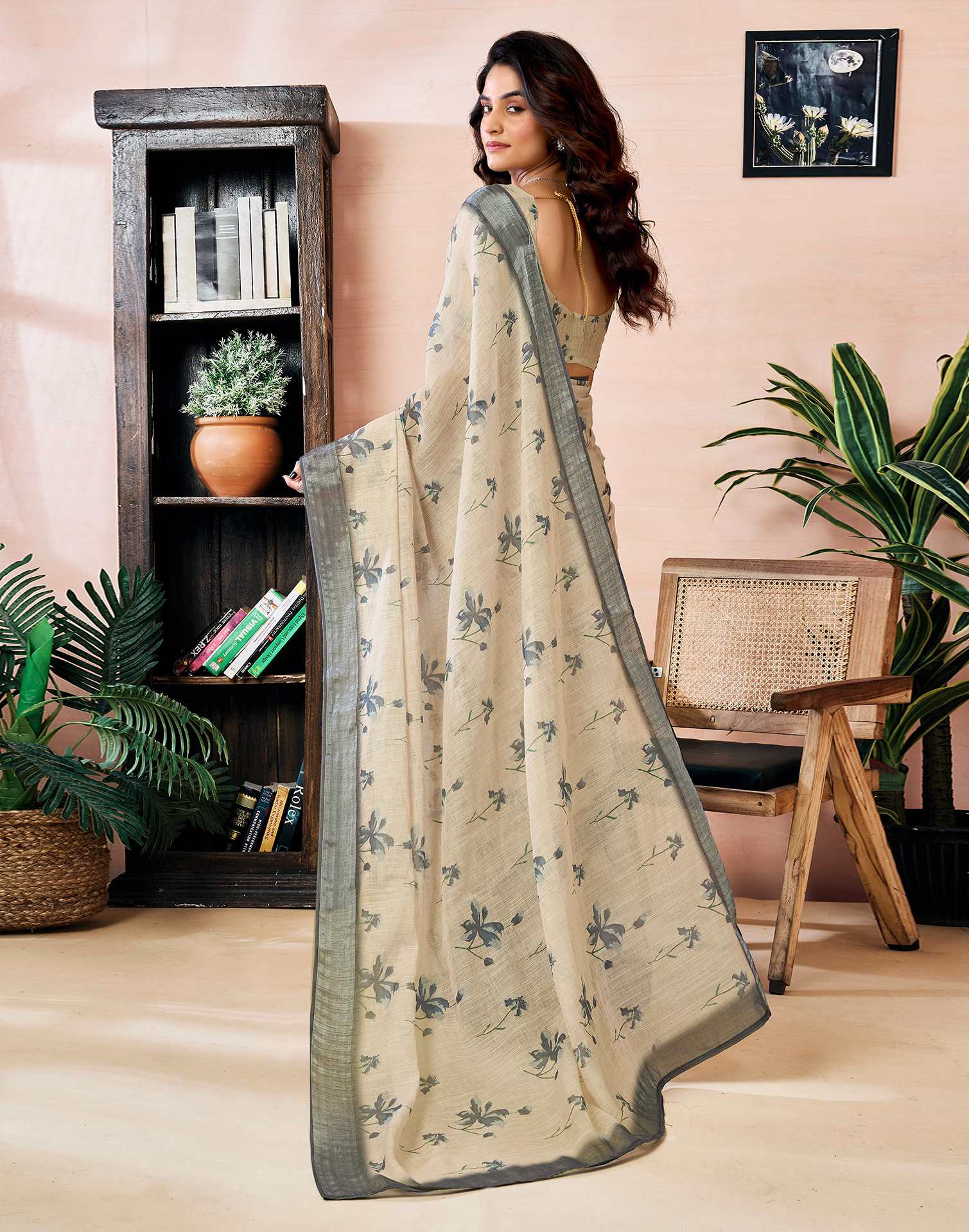 Ready to Wear Dark Beige Linen Floral Printed Saree