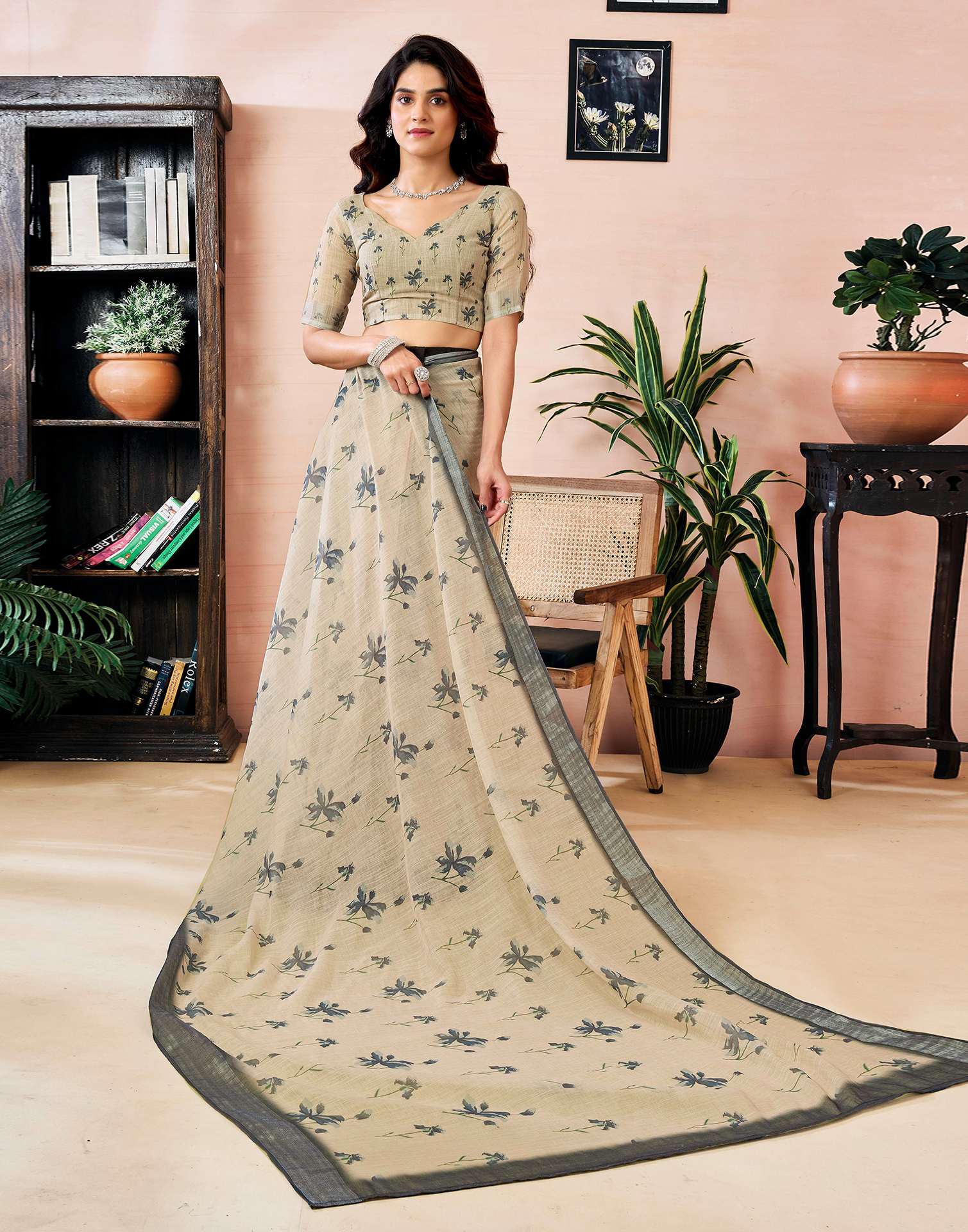 Ready to Wear Dark Beige Linen Floral Printed Saree