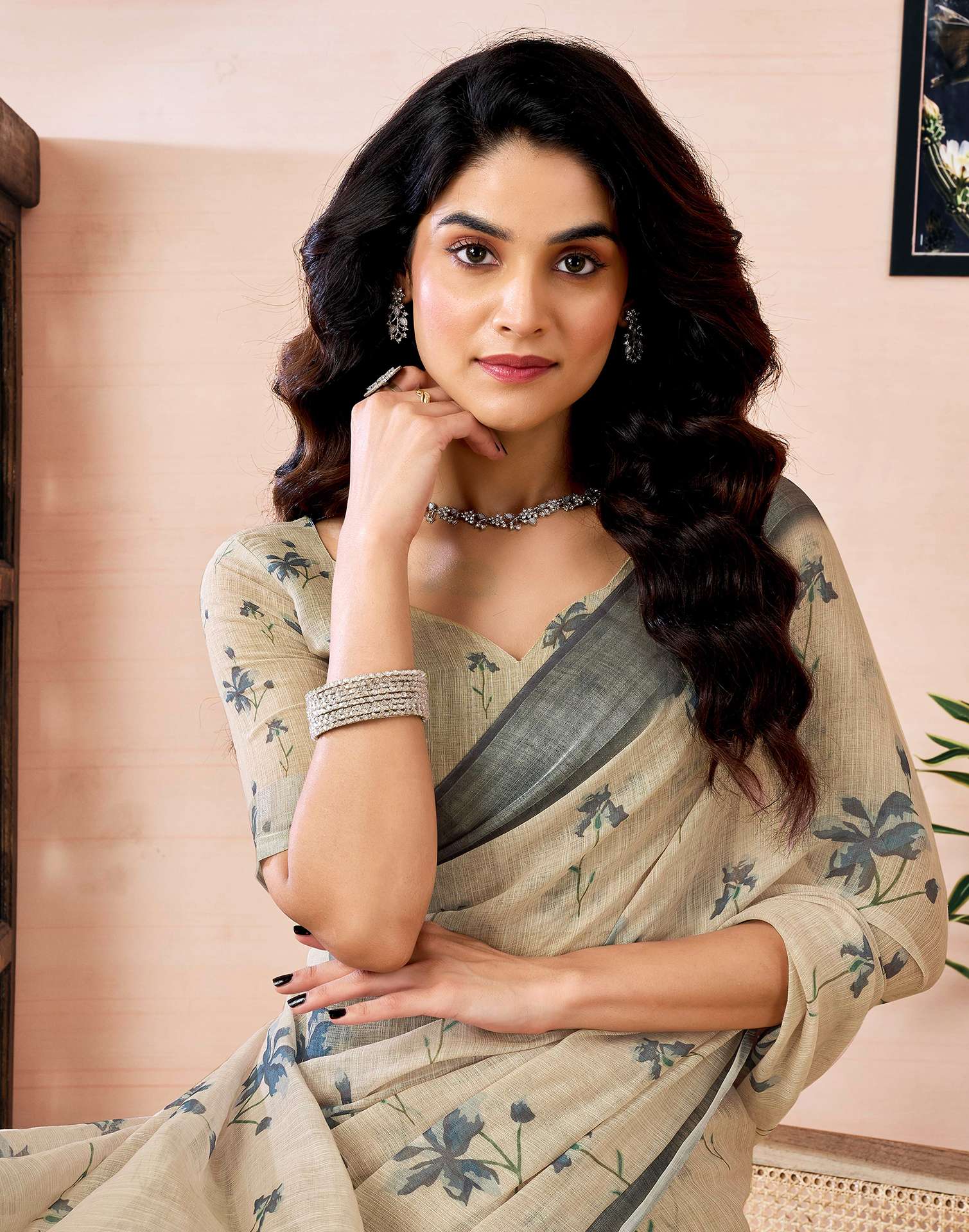 Ready to Wear Dark Beige Linen Floral Printed Saree