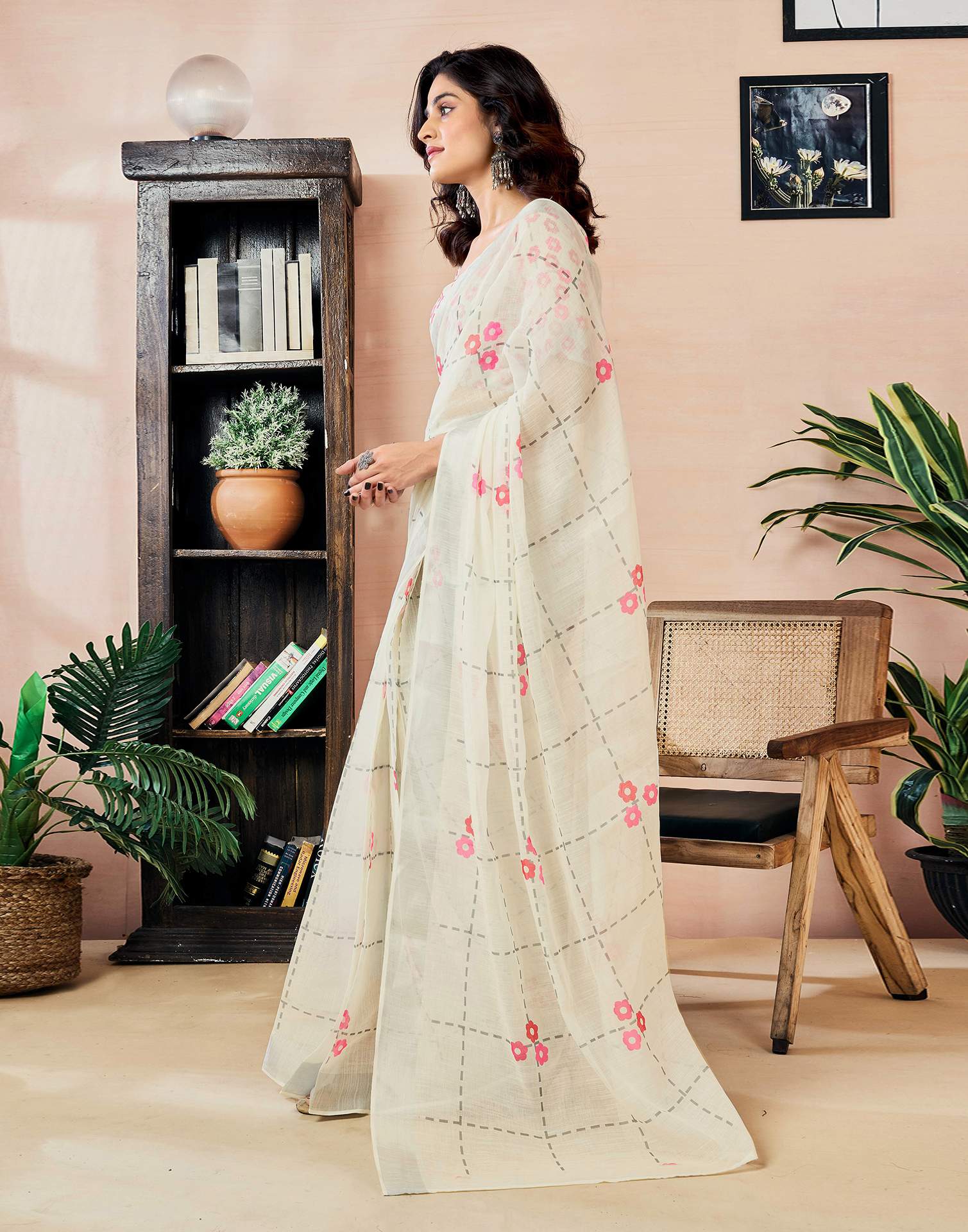 Ready to Wear Off White Linen Floral Printed Saree