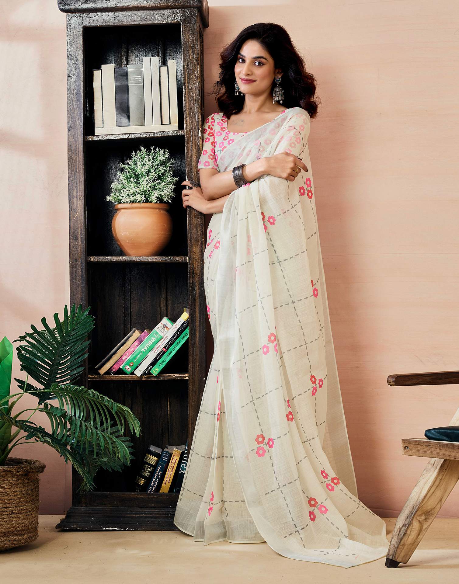 Ready to Wear Off White Linen Floral Printed Saree