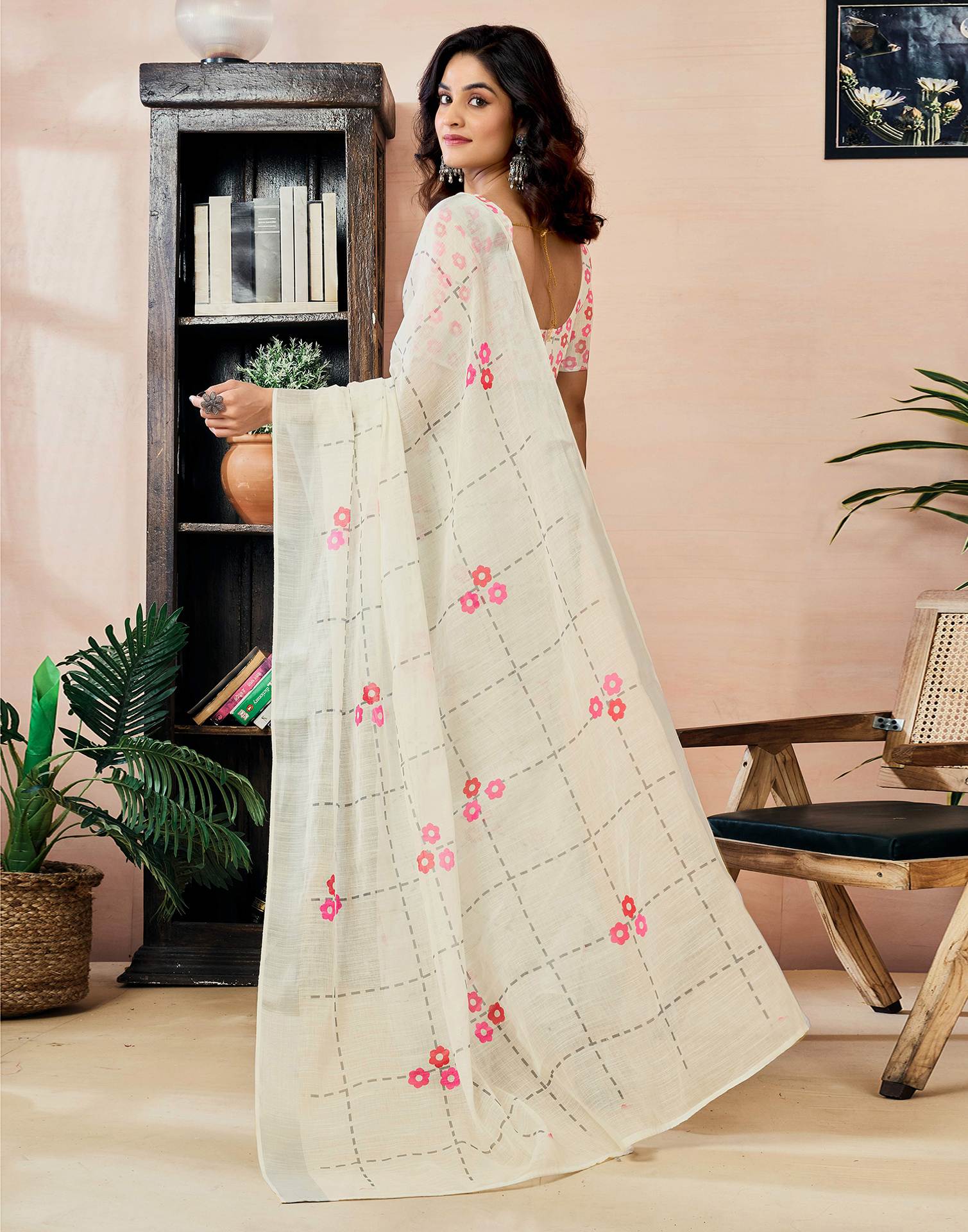 Ready to Wear Off White Linen Floral Printed Saree