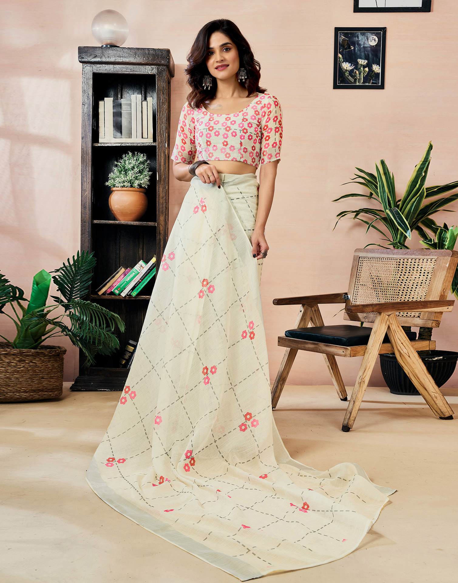 Ready to Wear Off White Linen Floral Printed Saree