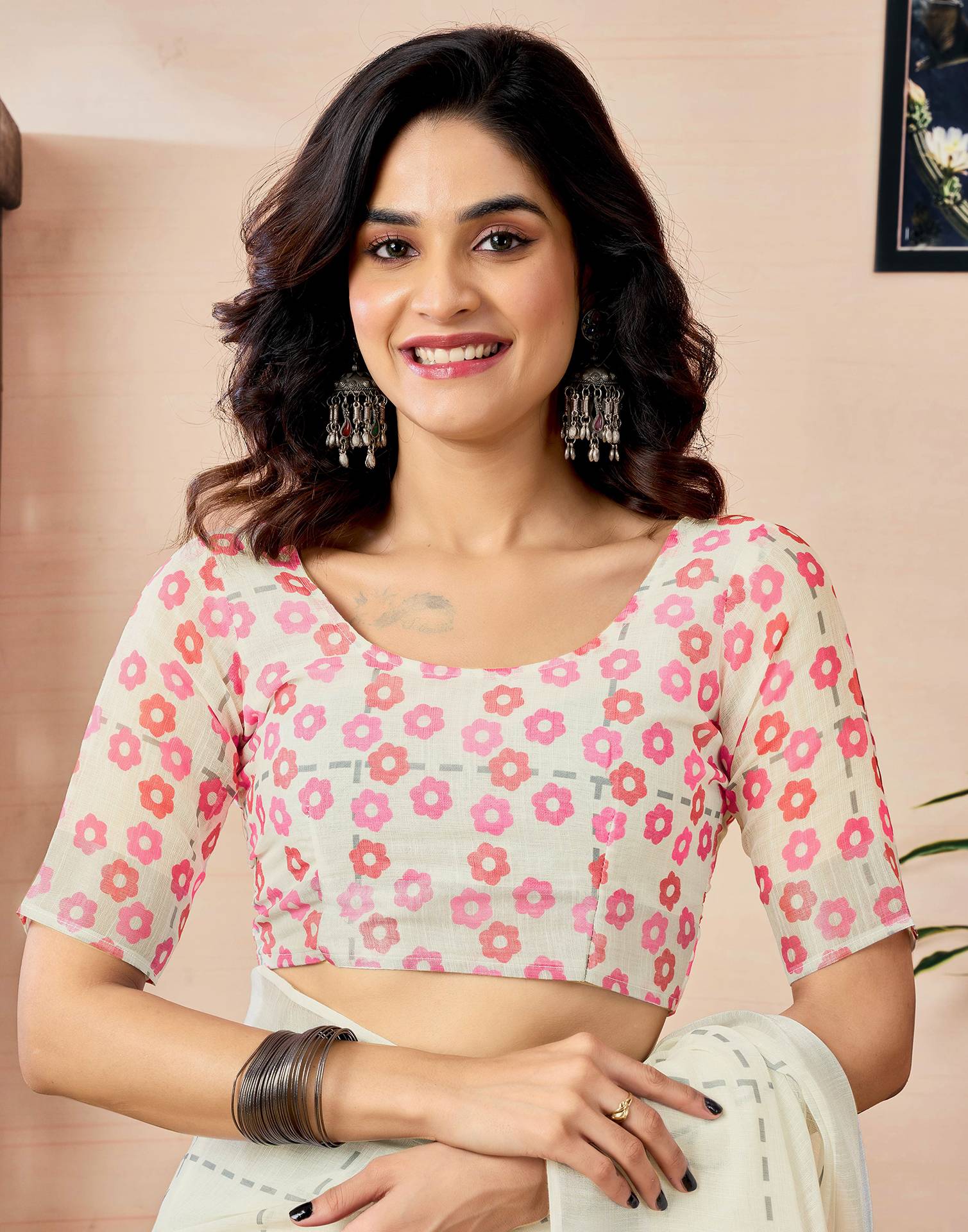 Ready to Wear Off White Linen Floral Printed Saree